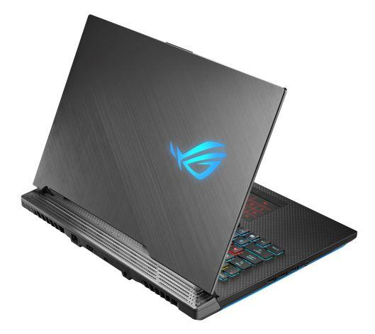 Ein schwarzer Gaming-Laptop mit gebürstetem Metall, beleuchtetem ROG-Logo und einer farbigen Tastatur.