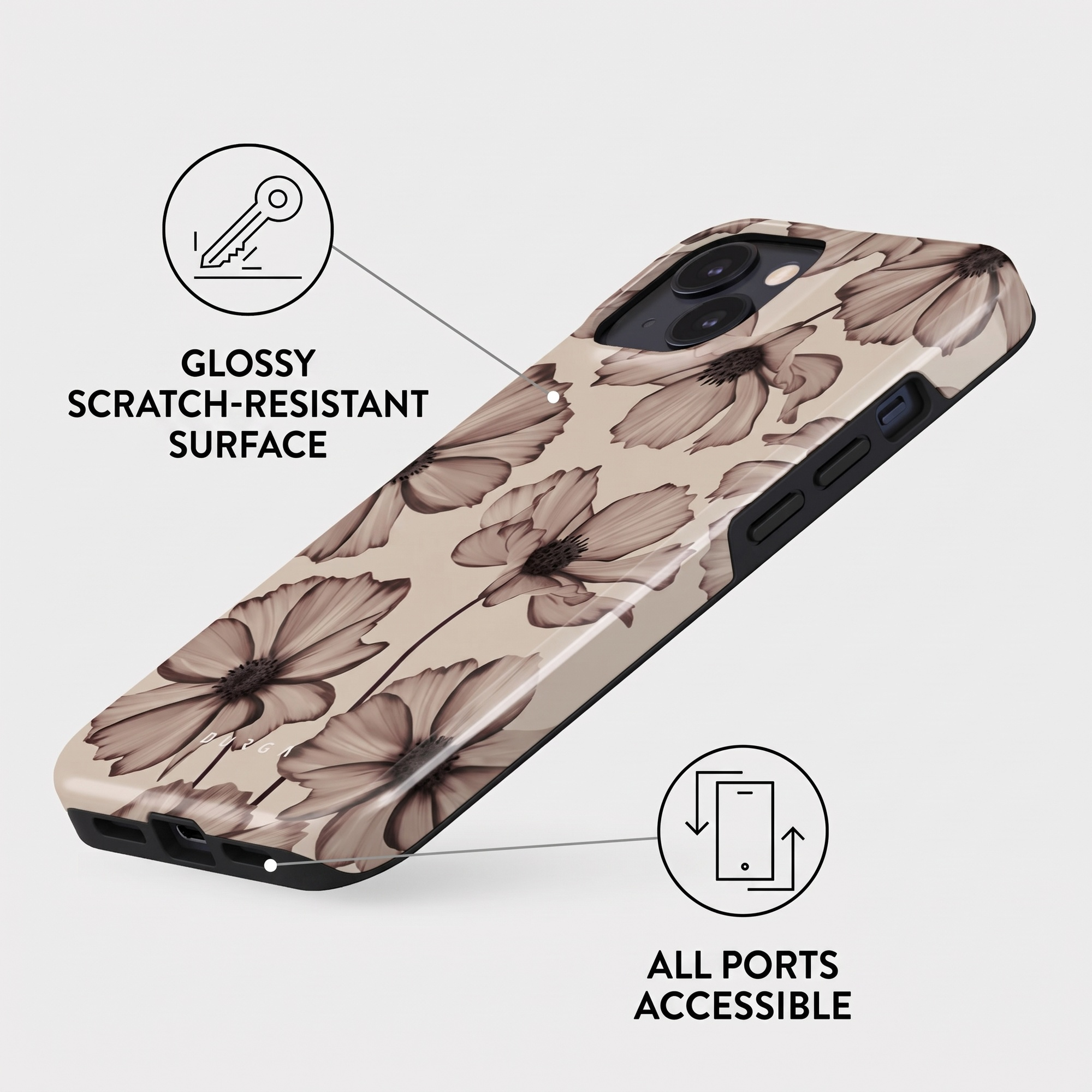 Phone case featuring a floral pattern, scratch-resistant surface, and accessible ports.
