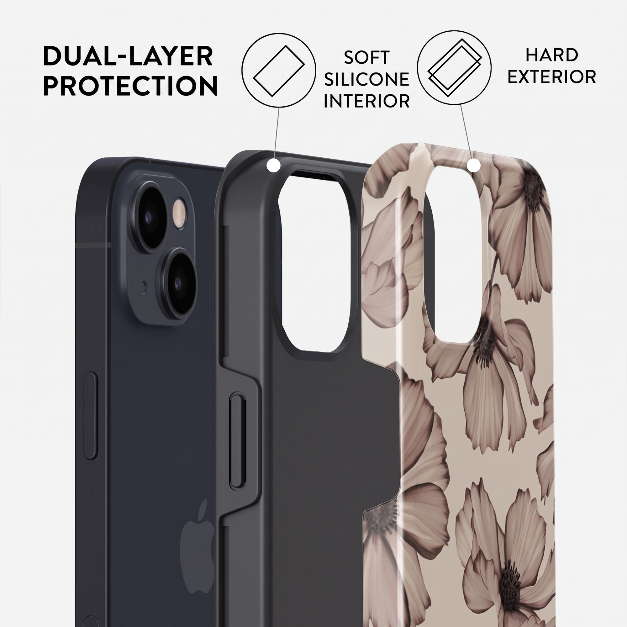 Dual-layer protection diagram with soft silicone interior and hard floral exterior on an iPhone.