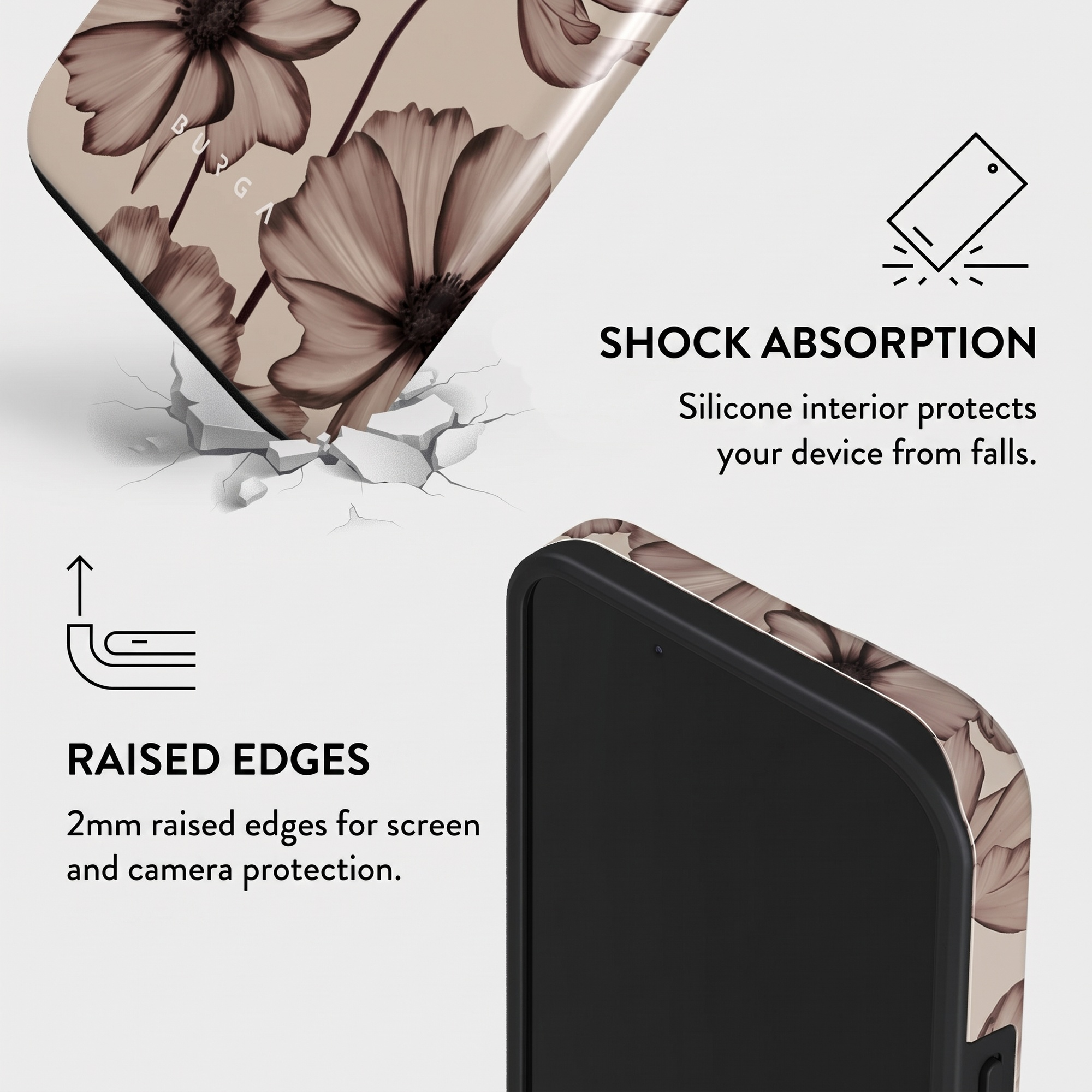 Infographic showing phone case features: shock absorption and 2mm raised edges for screen and camera protection.