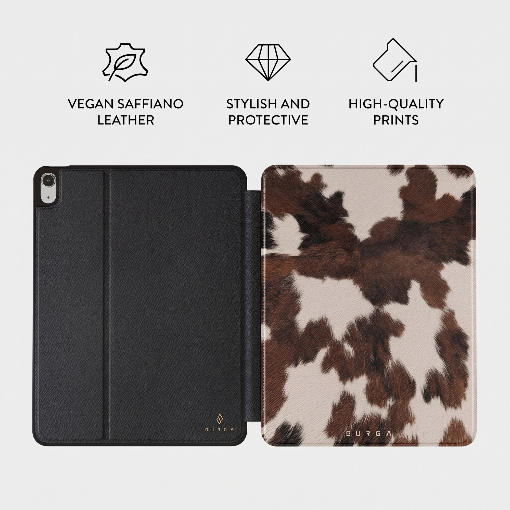 iPad case with black interior and brown-and-white cow print exterior, featuring three product features.