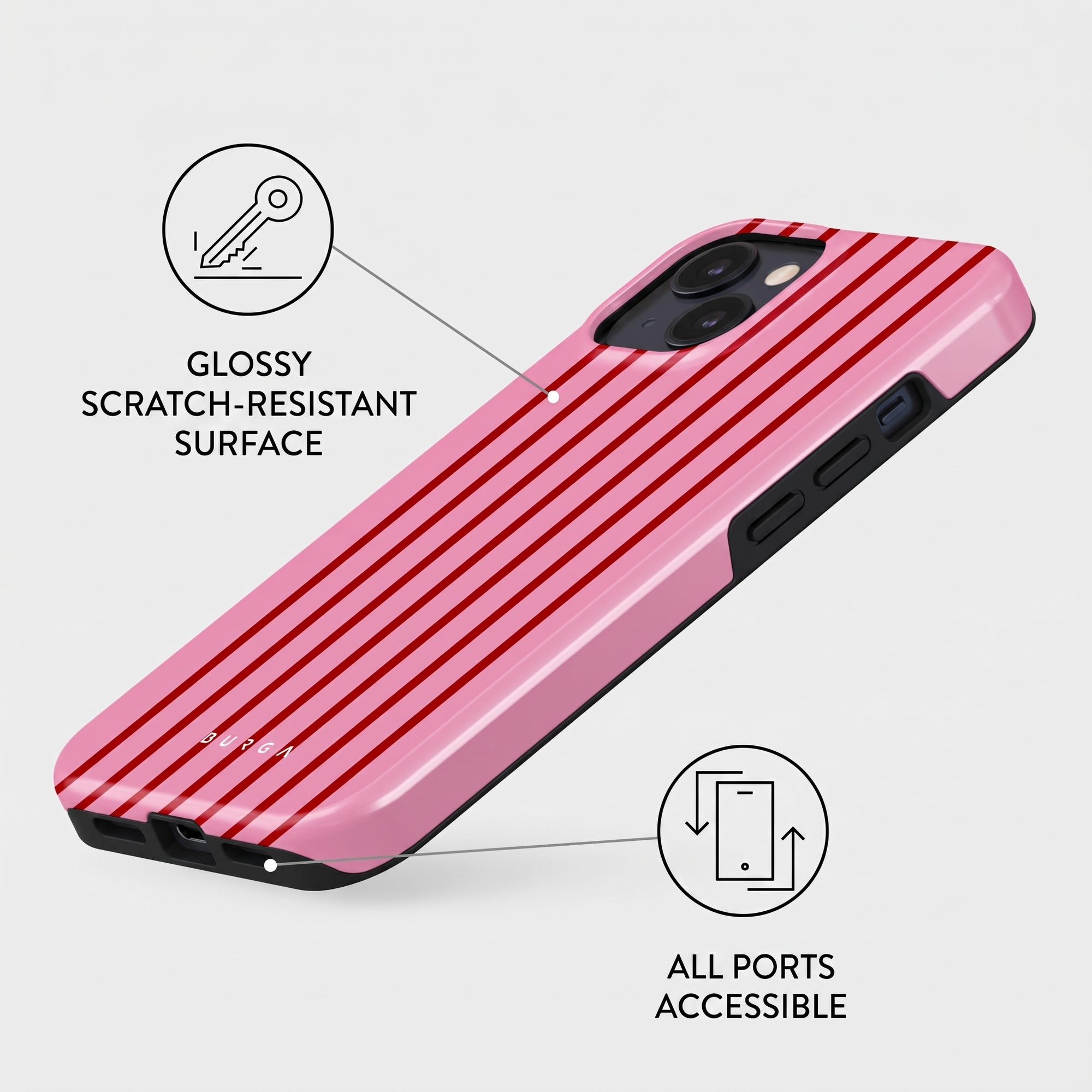 Pink phone case with red stripes, glossy surface, and accessible ports.
