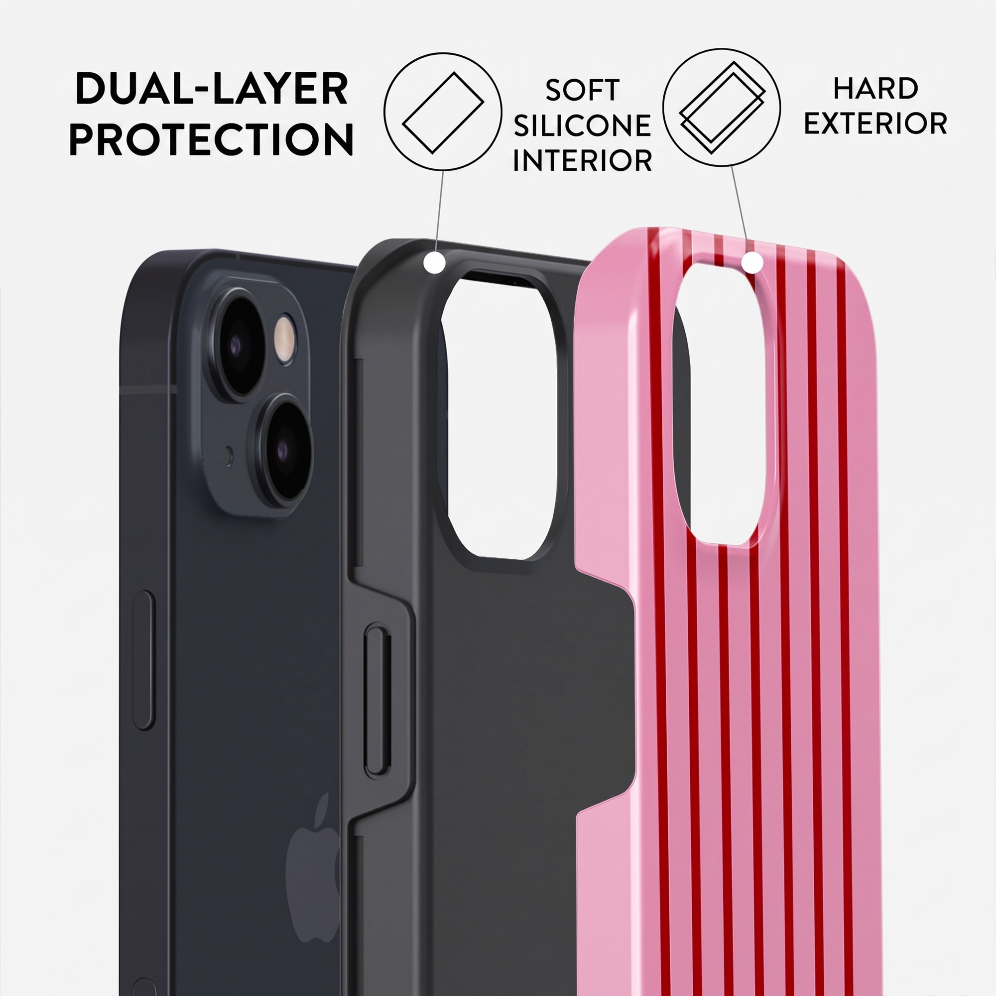 Diagram shows dual-layer protection with soft silicone interior and hard exterior for a smartphone.