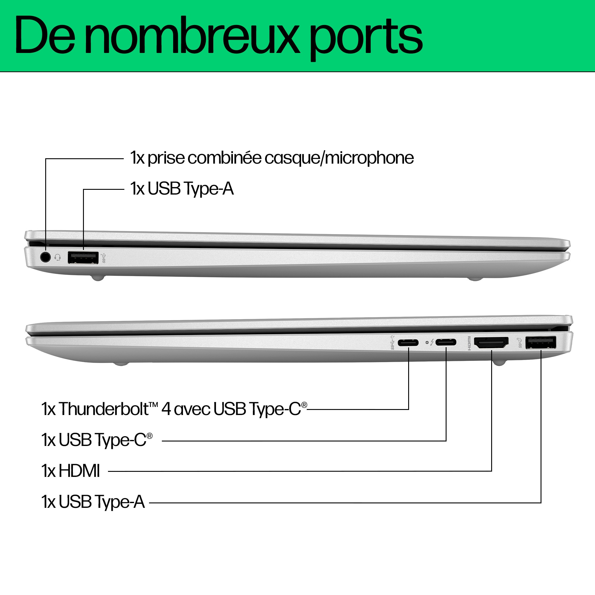 Seitenansicht eines Laptops mit verschiedenen Anschlüssen wie USB, Thunderbolt, HDMI und einer Kopfhörerbuchse.
