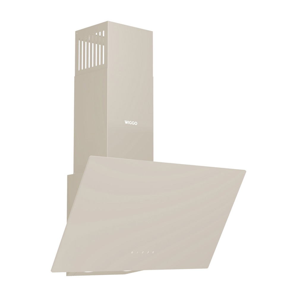 A beige Wiggo wall-mounted cooker hood with an angled glass panel on a white background.