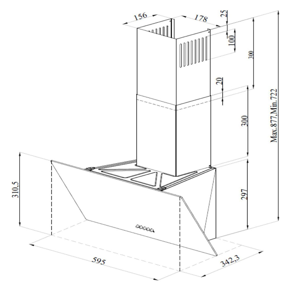 Technical drawing of an extractor hood with dimensions.
