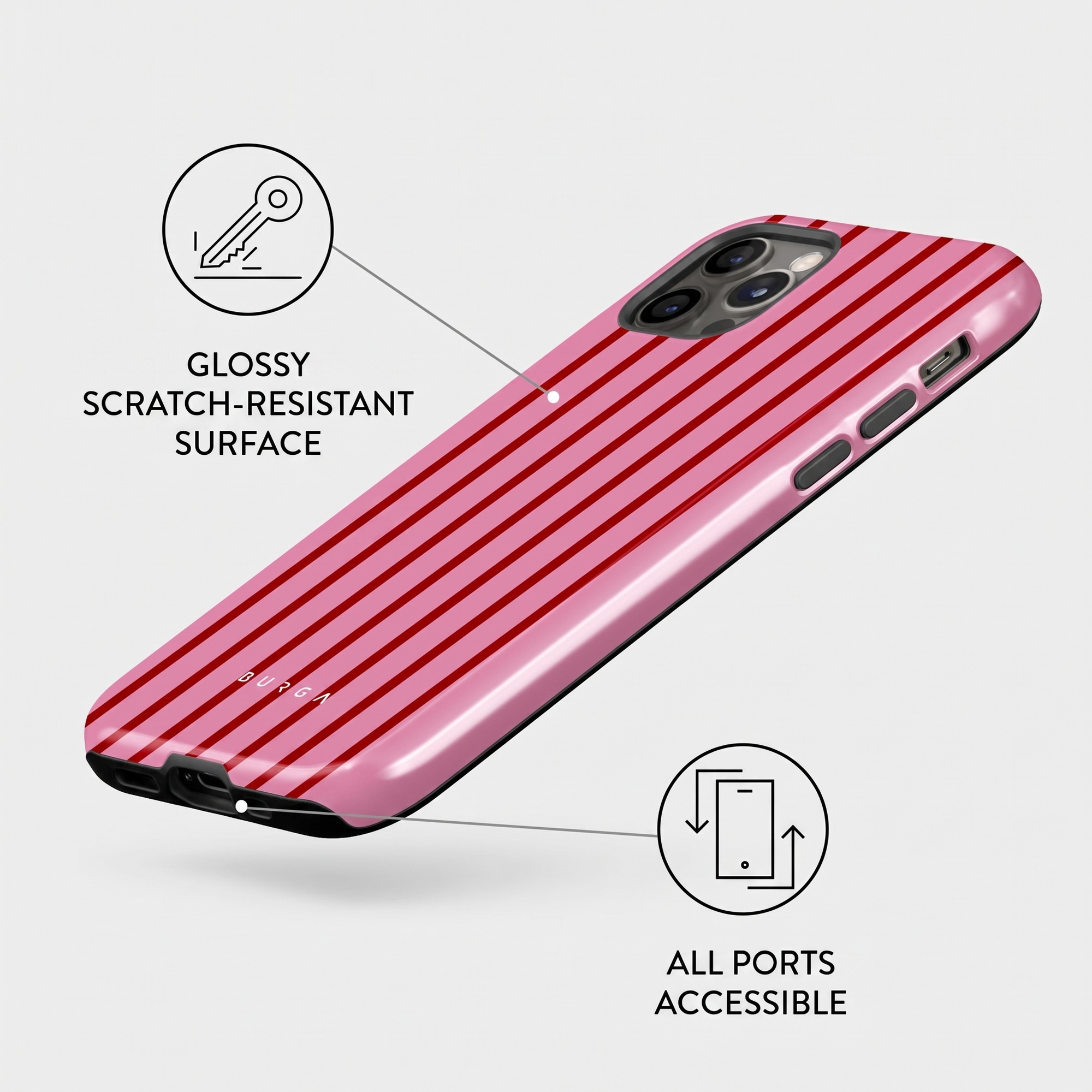 Cover per cellulare a righe rosa con superficie lucida e antigraffio e porte accessibili.