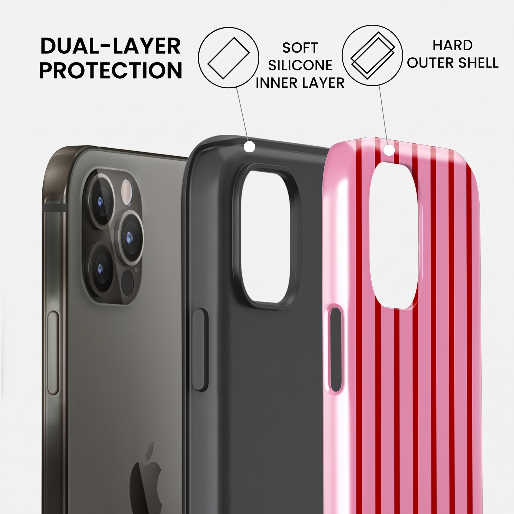 Diagramma della protezione a doppio strato con strato interno in silicone e guscio esterno rigido.