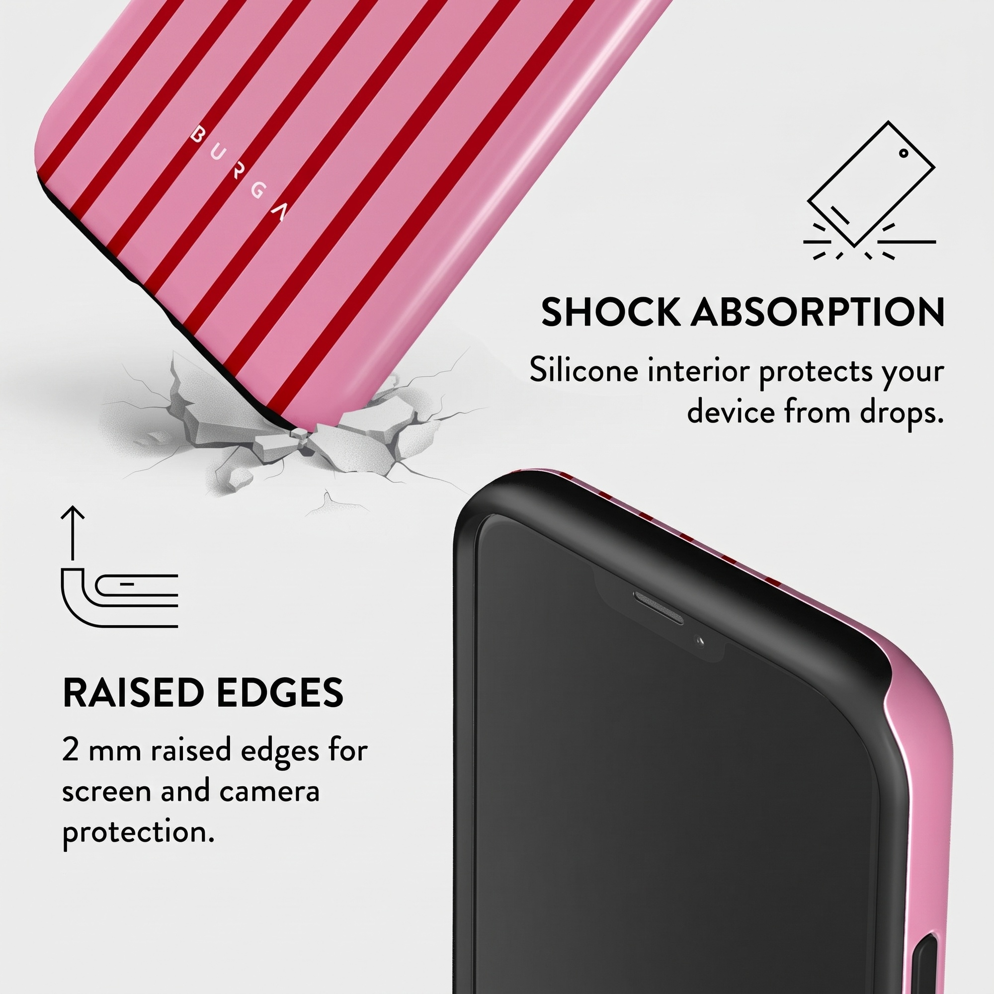 Infografica che mostra la cover Burga con assorbimento urti e bordi.
