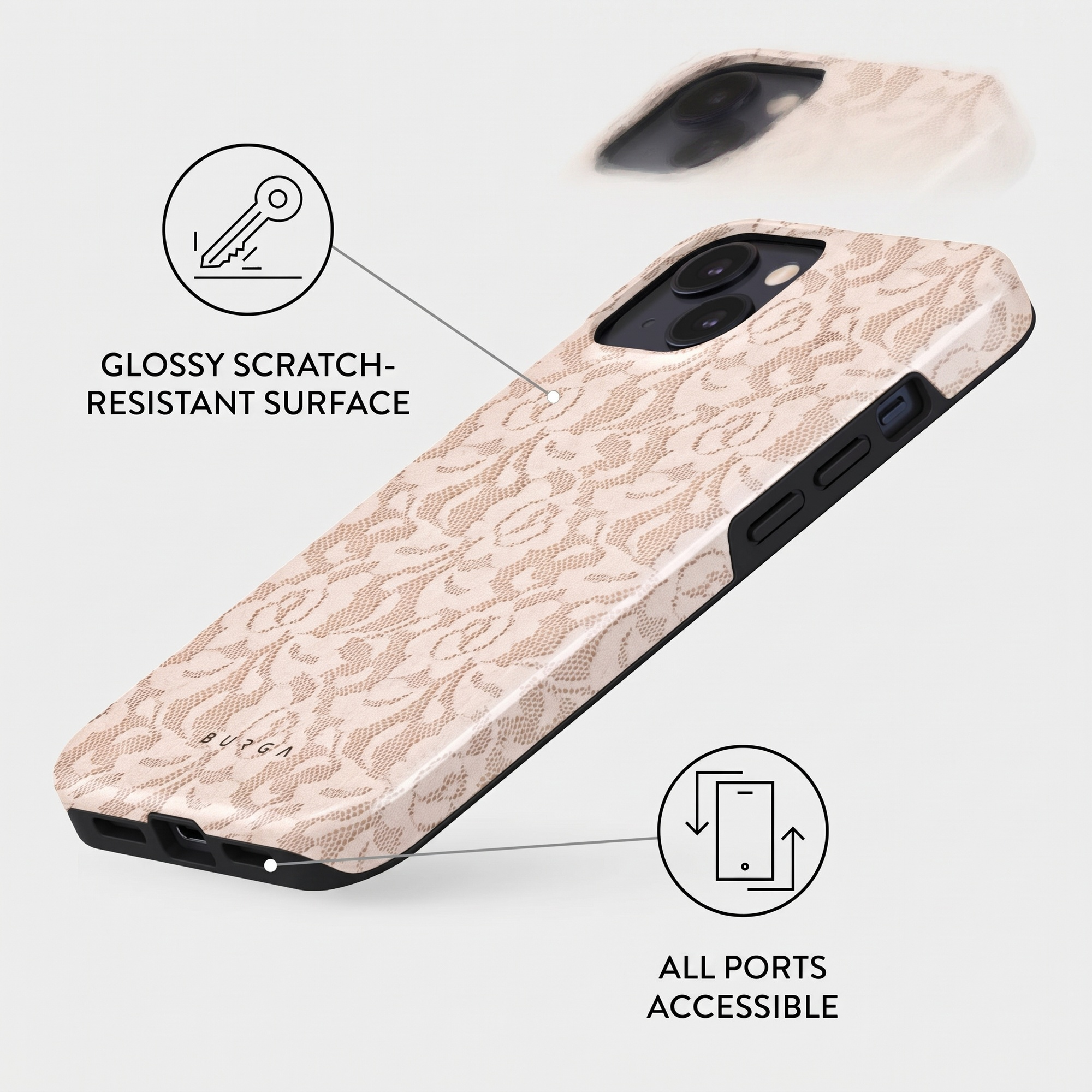 Beige patterned phone case with a scratch-resistant surface and accessible ports.
