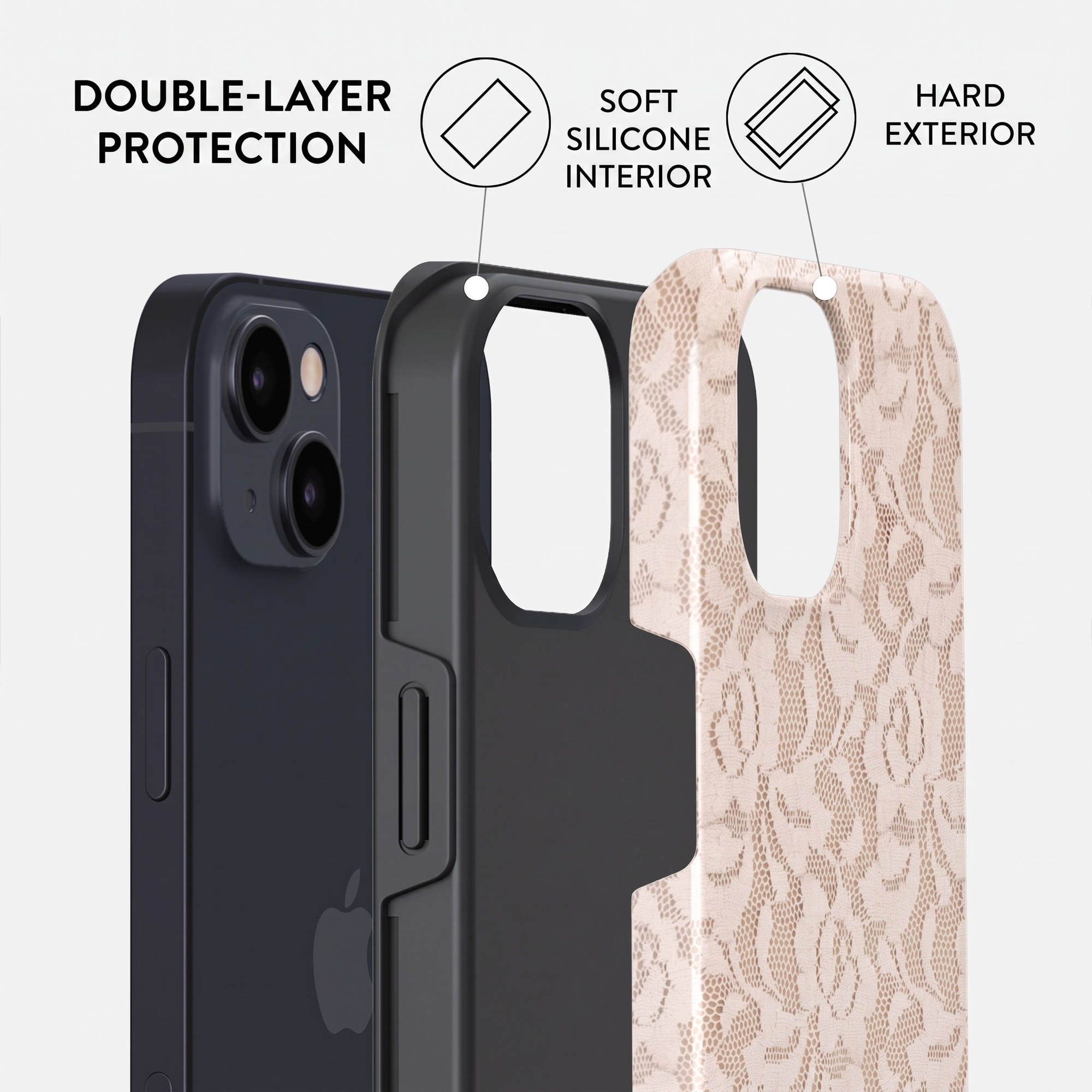 Double-layer phone case protection showing soft silicone interior and hard patterned exterior.