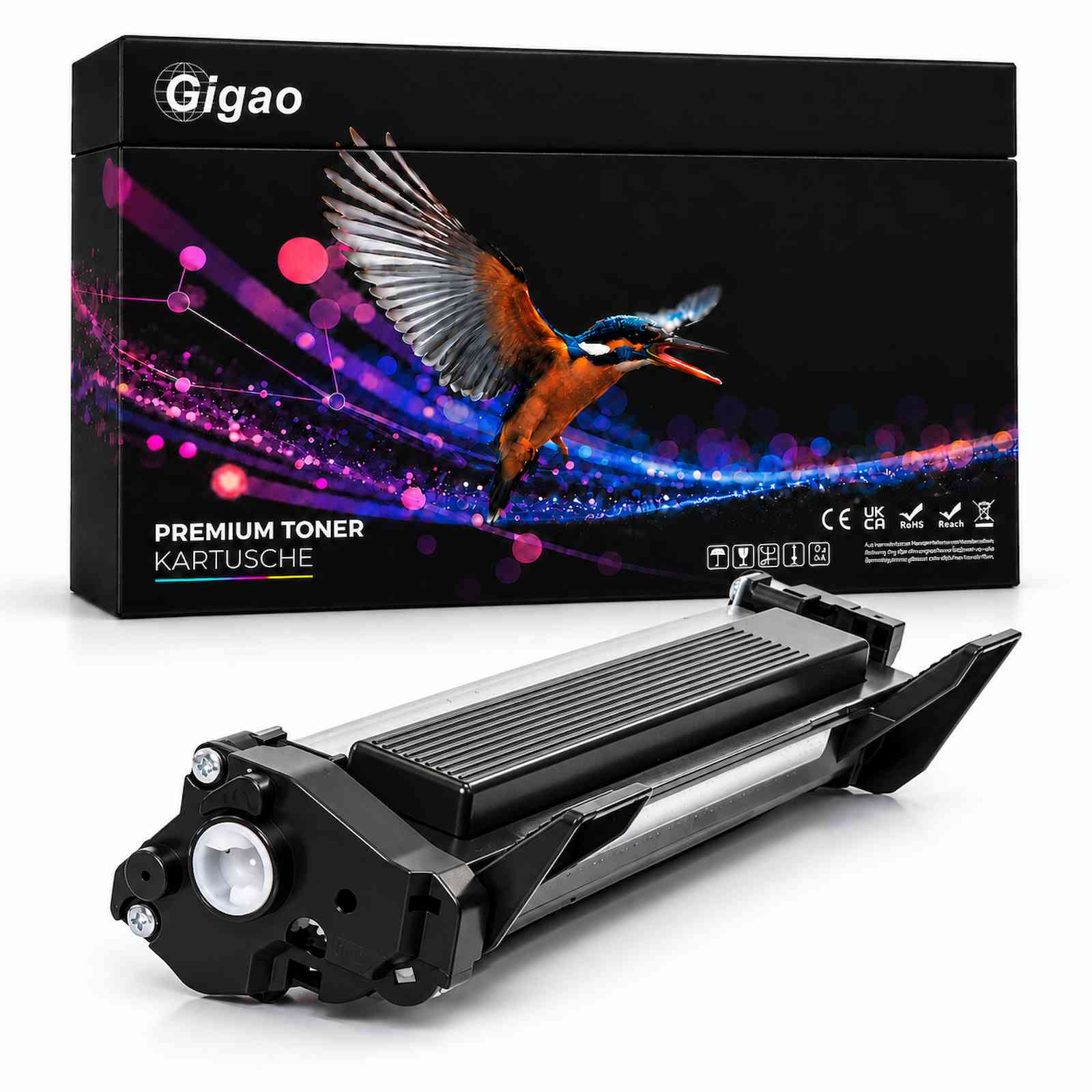 Eine schwarze Tonerpatrone steht vor ihrer Verpackung mit einem Eisvogel und abstrakten Lichtern.