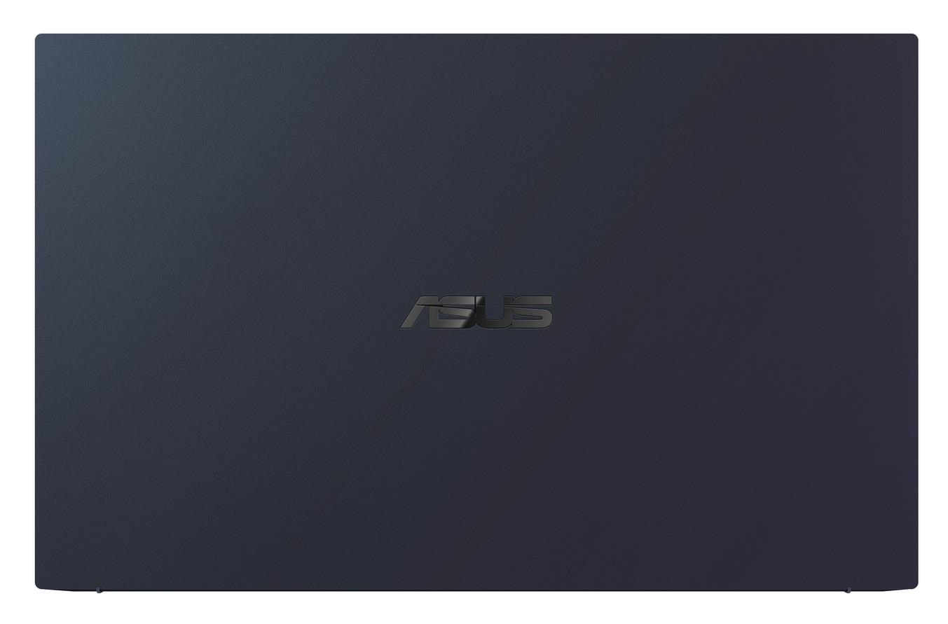 Il coperchio superiore chiuso di un laptop ASUS blu mostra il logo ASUS lucido e centrato.