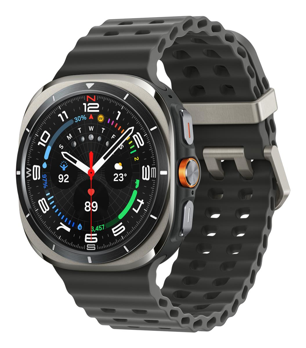 Uno smartwatch nero con cinturino perforato, quadrante digitale e cassa rotonda in metallo.
