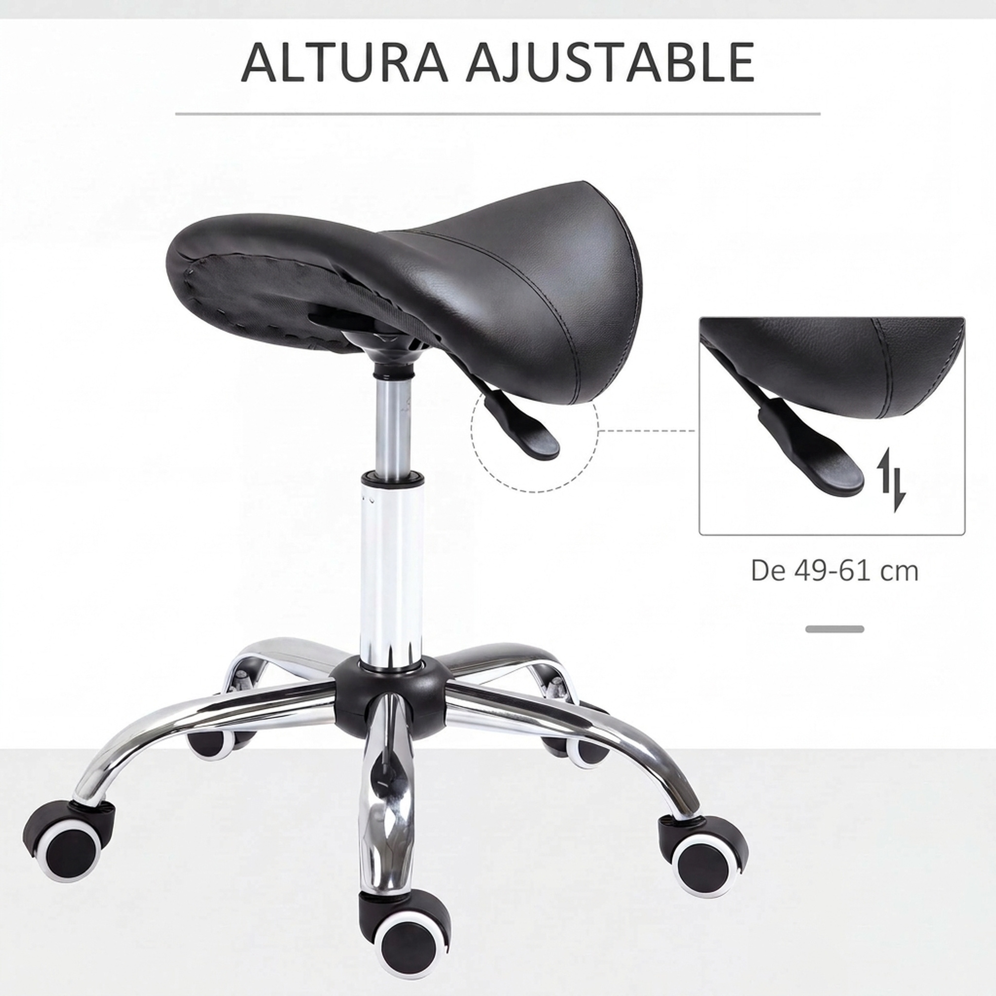 Un taburete con asiento de sillín negro, cinco ruedas y altura ajustable de 49 a 61 cm.