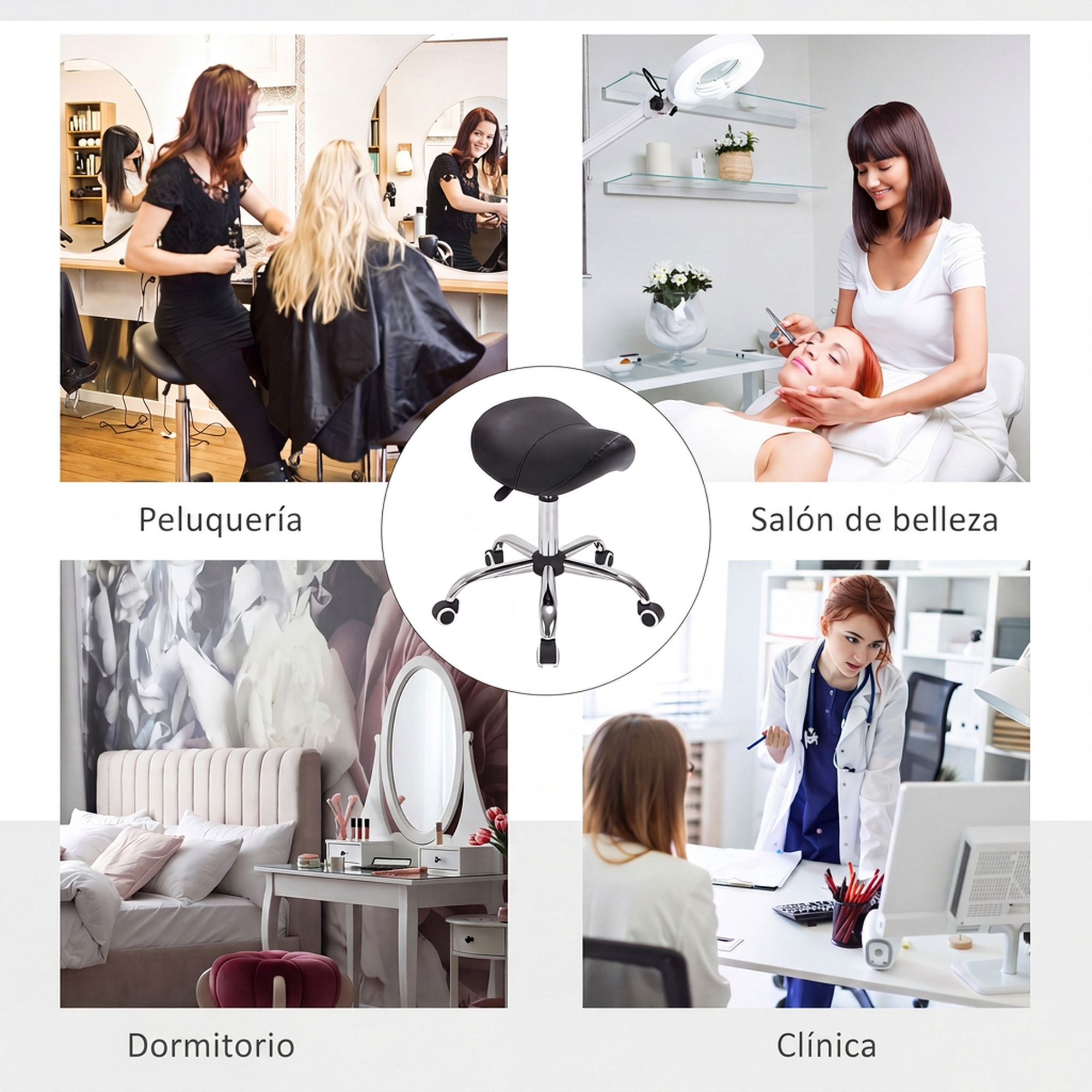 Un taburete negro ergonómico con ruedas rodeado de imágenes de peluquería, salón de belleza, dormitorio y clínica.