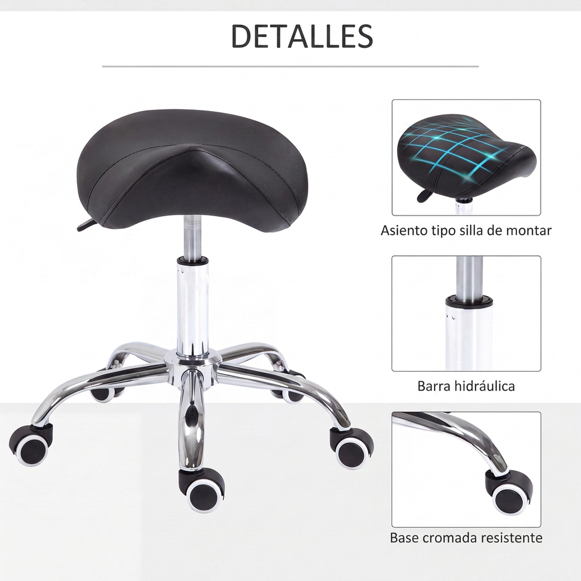Taburete de montar negro con base cromada, pistón hidráulico y ruedas, mostrando detalles de asiento, barra y base.