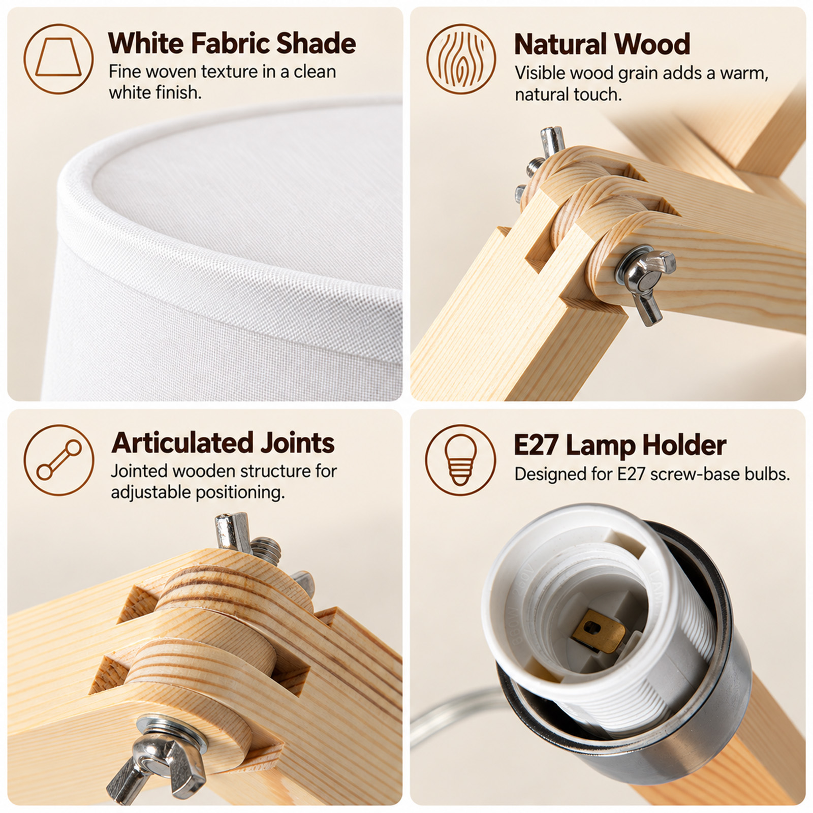 Cuatro paneles que muestran características de la lámpara: pantalla blanca, madera natural, juntas articuladas y portalámparas E27.