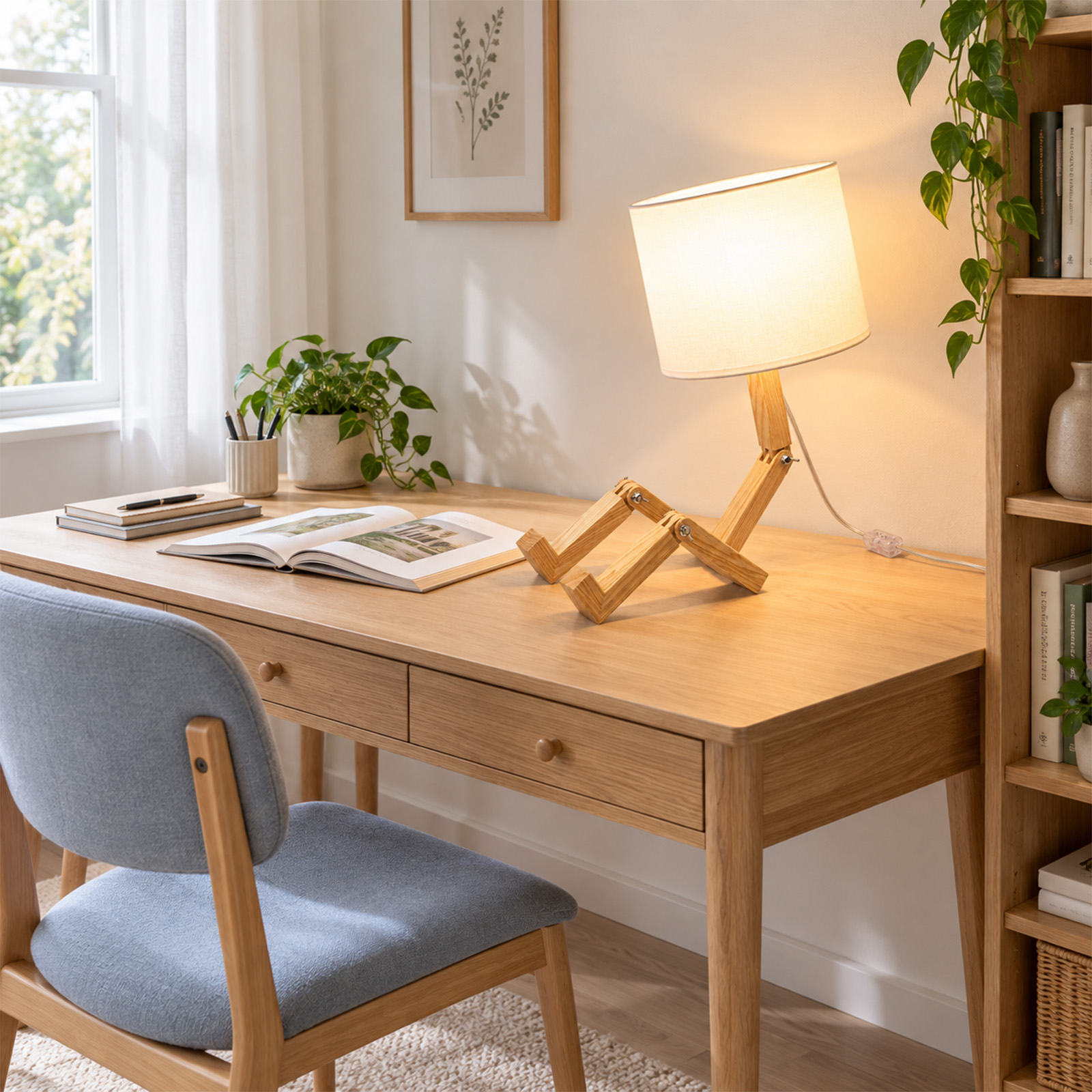 Un escritorio de madera con una lámpara, libro abierto y plantas verdes en una habitación luminosa con silla azul.
