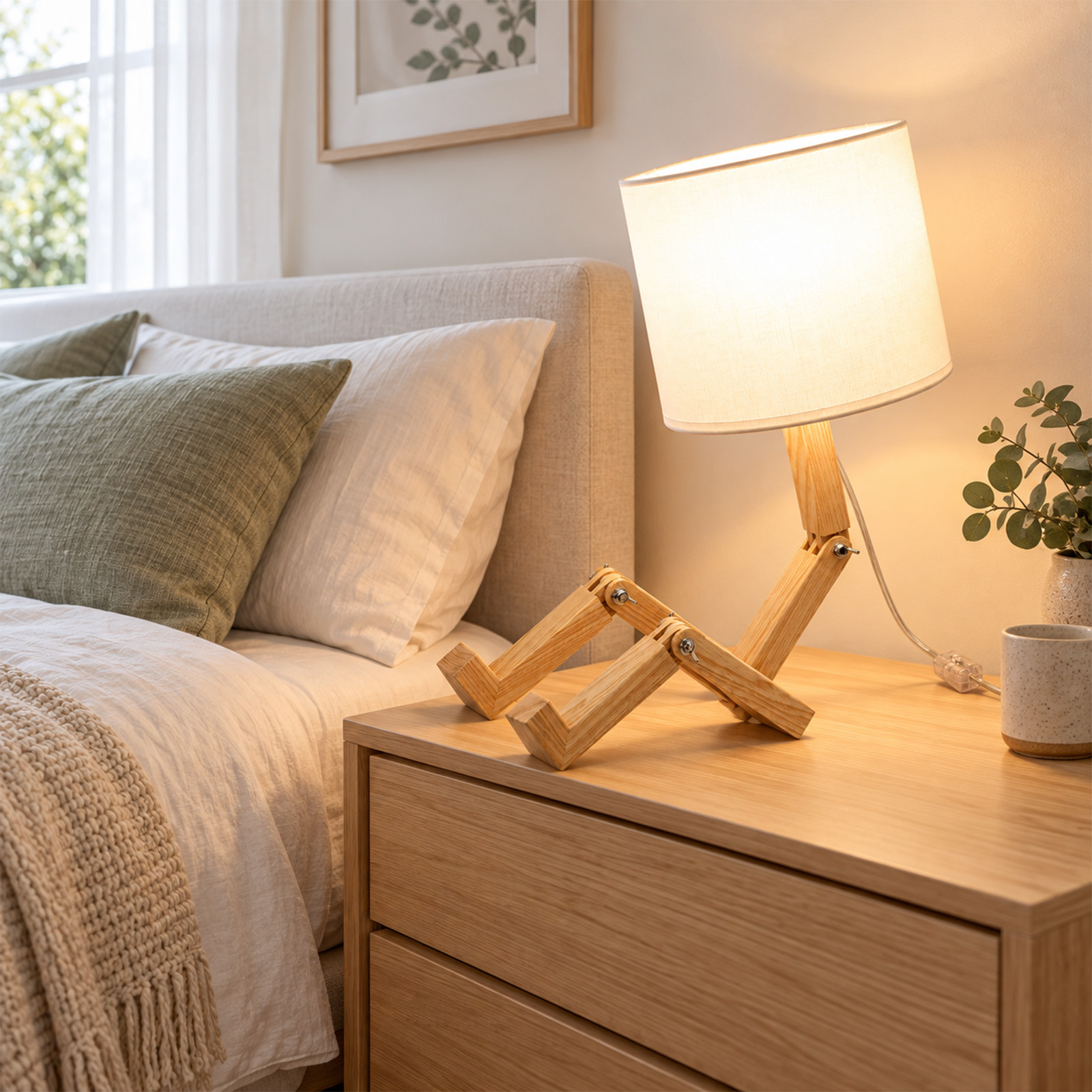 Una lámpara de mesa de madera con forma de figura sentada está en una mesita de noche junto a la cama.