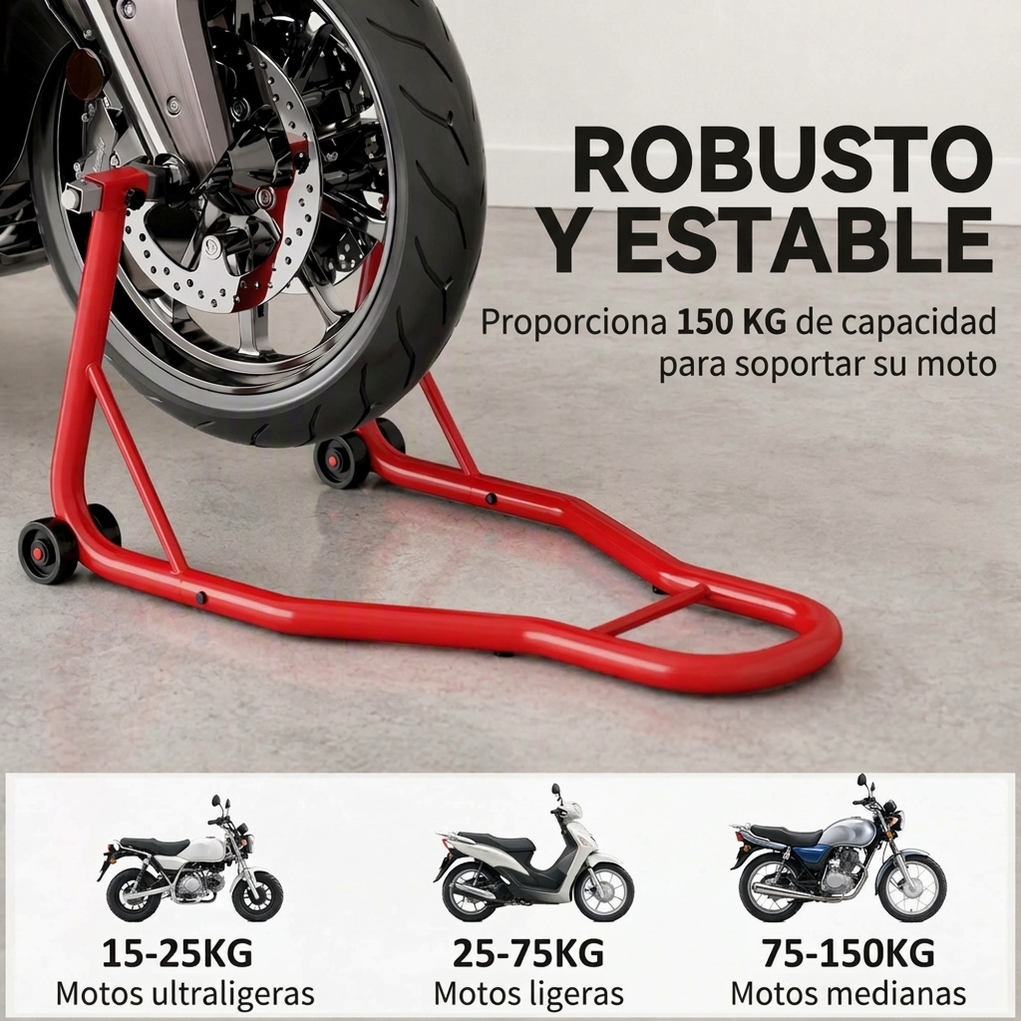 Soporte rojo de moto sosteniendo una rueda delantera con texto de carga.