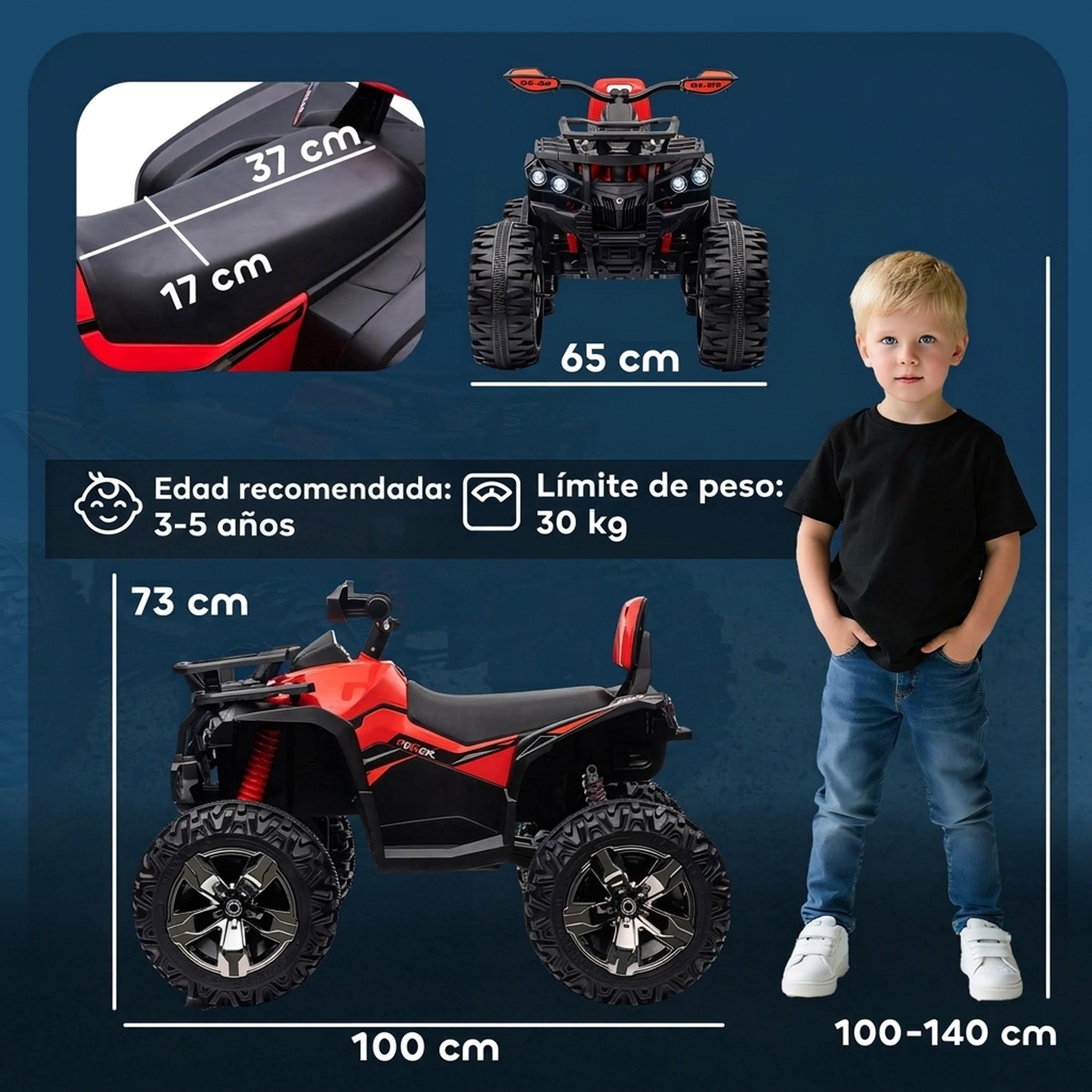 Un niño y un quad rojo para niños con medidas para 3-5 años y hasta 30 kg.