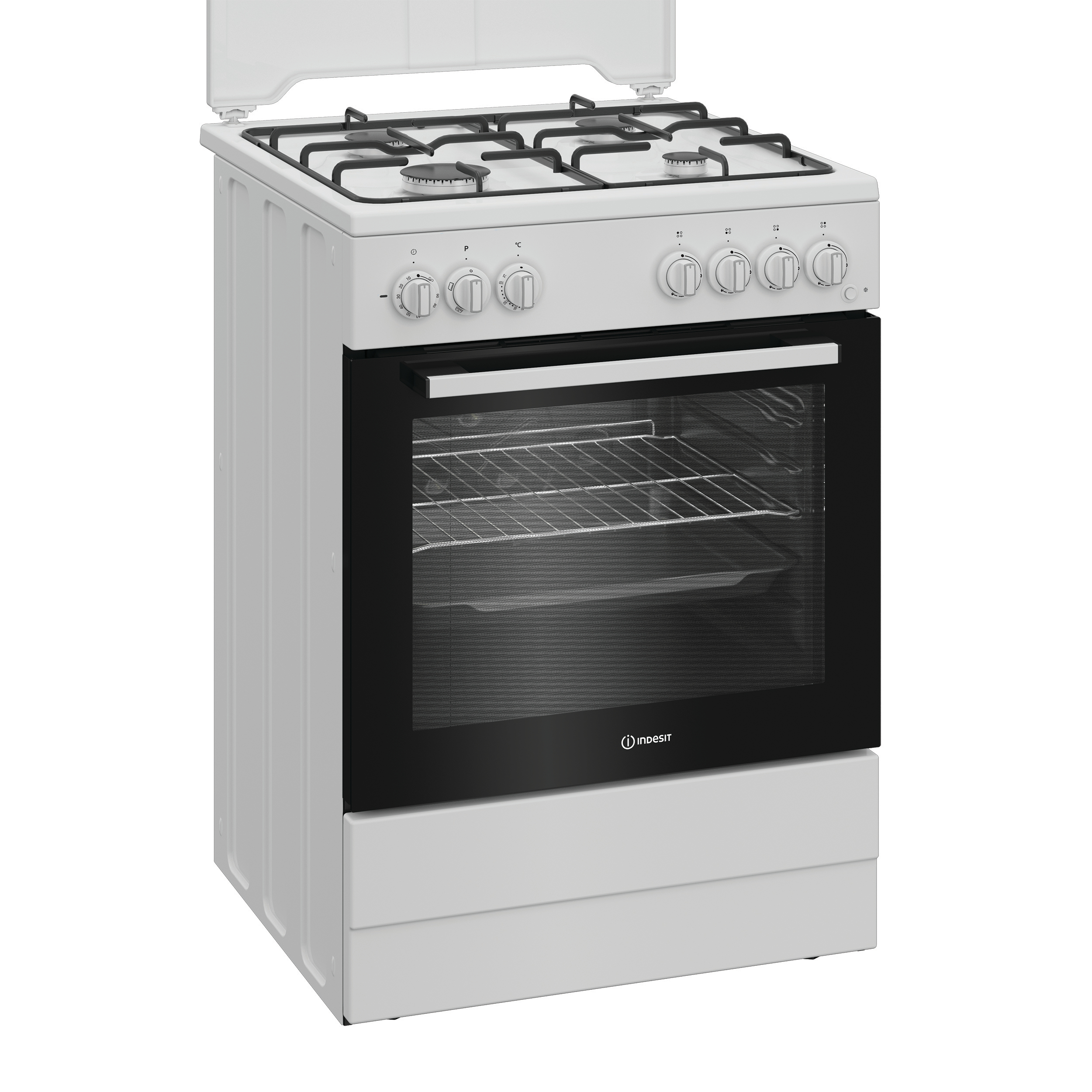 Una cucina a gas bianca con quattro fornelli e vetro nero.