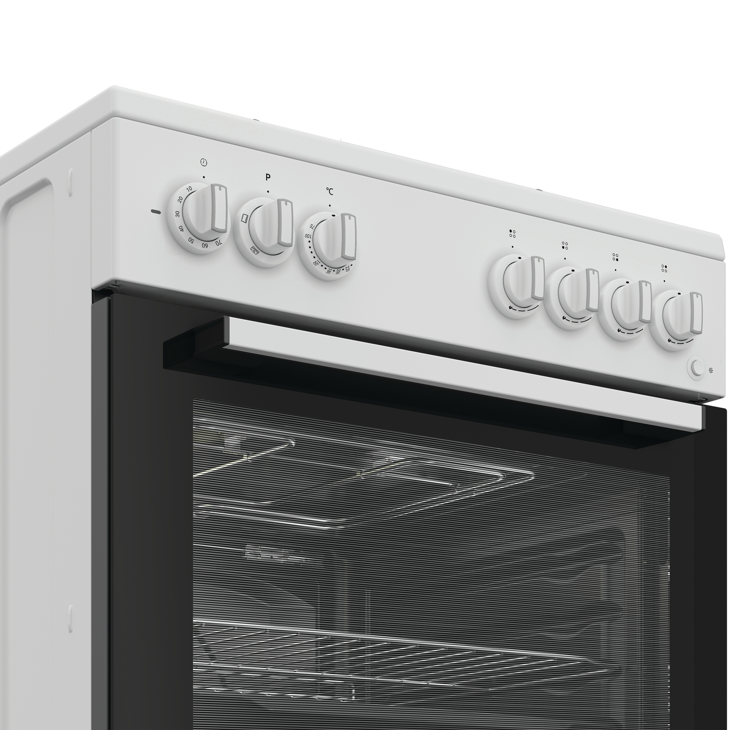 Una stufa elettrica bianca con forno e sette manopole di controllo sul davanti su sfondo bianco.