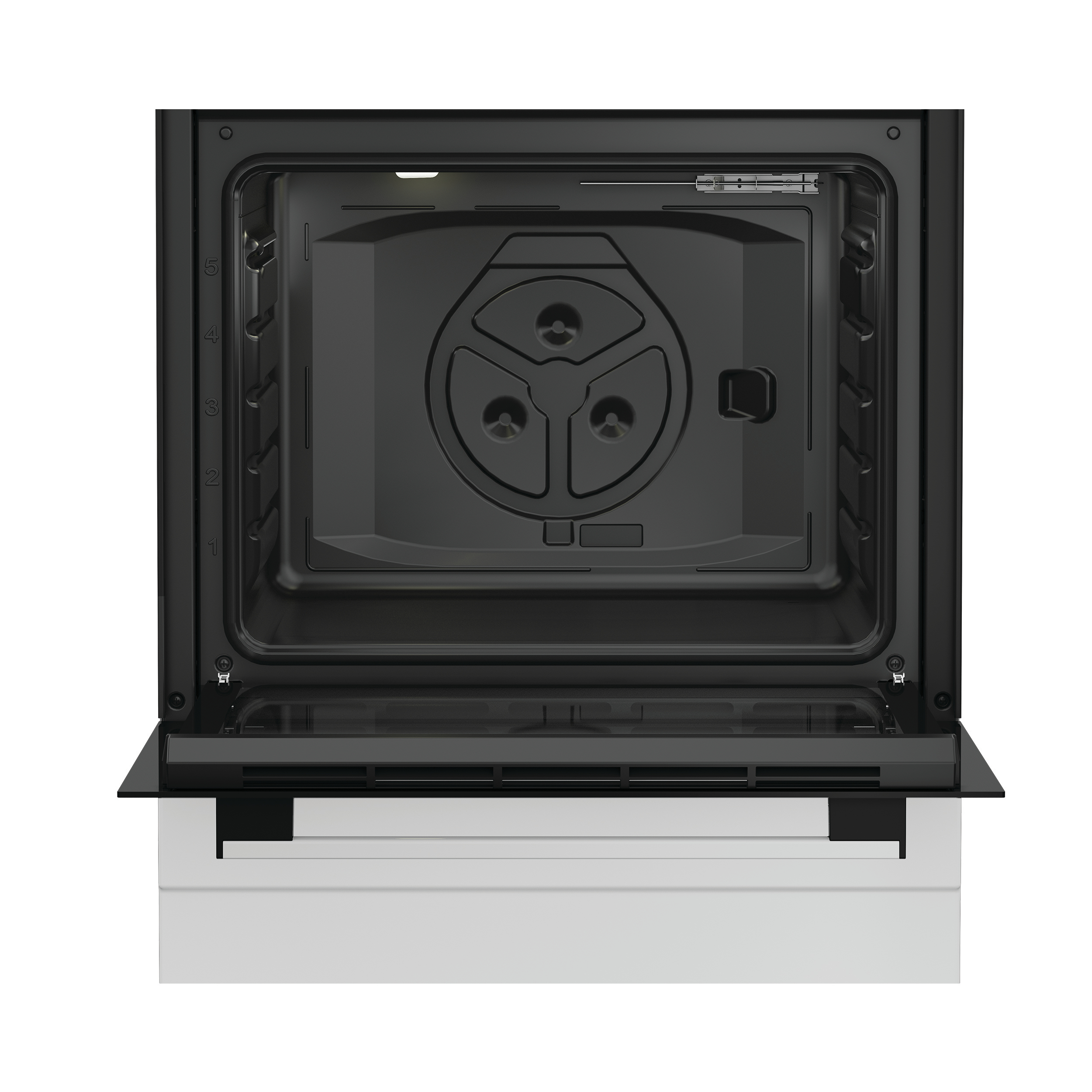 Un forno da incasso nero aperto con interno vuoto e soffitto illuminato.