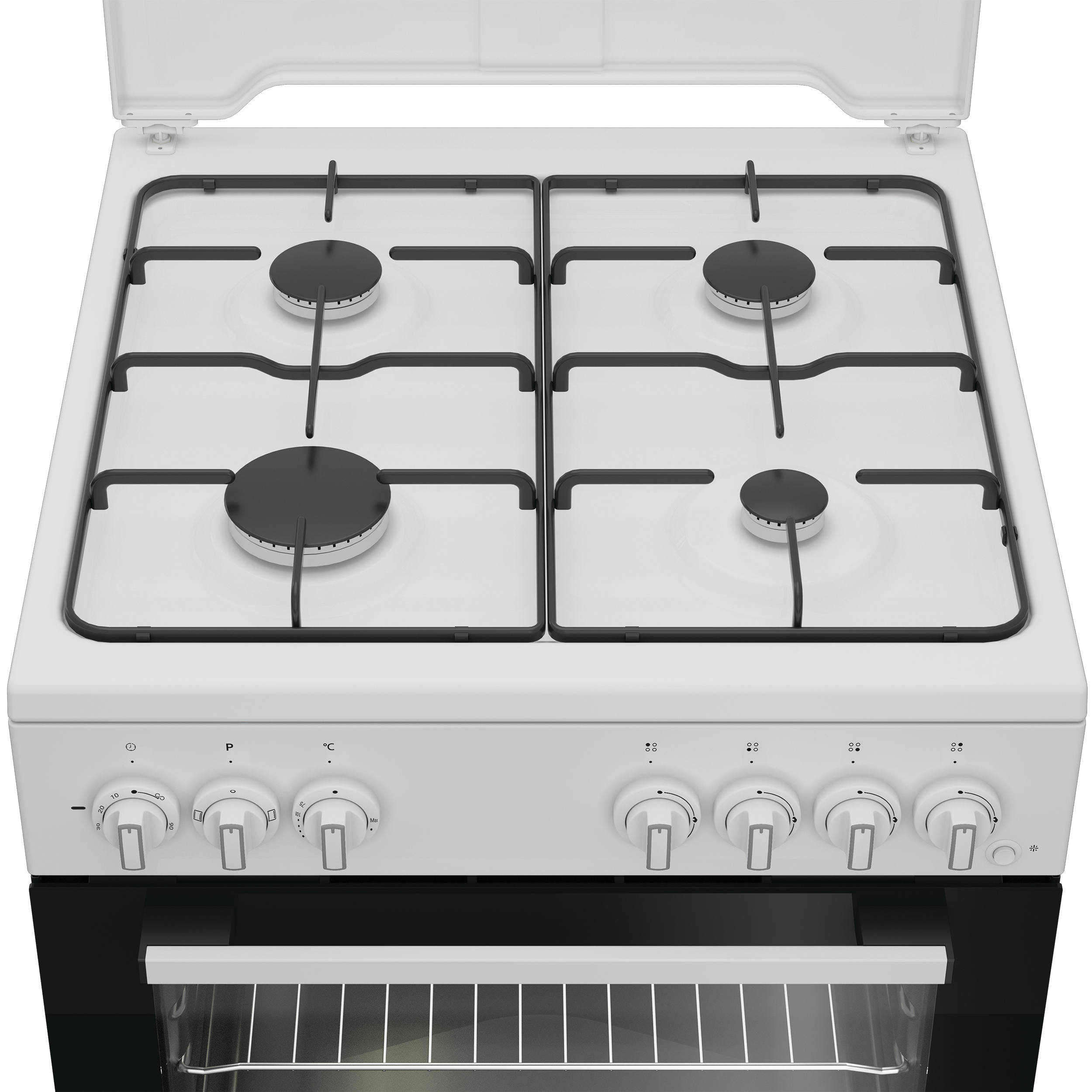 Una cucina a gas bianca con quattro fornelli, griglie nere e manopole di controllo.