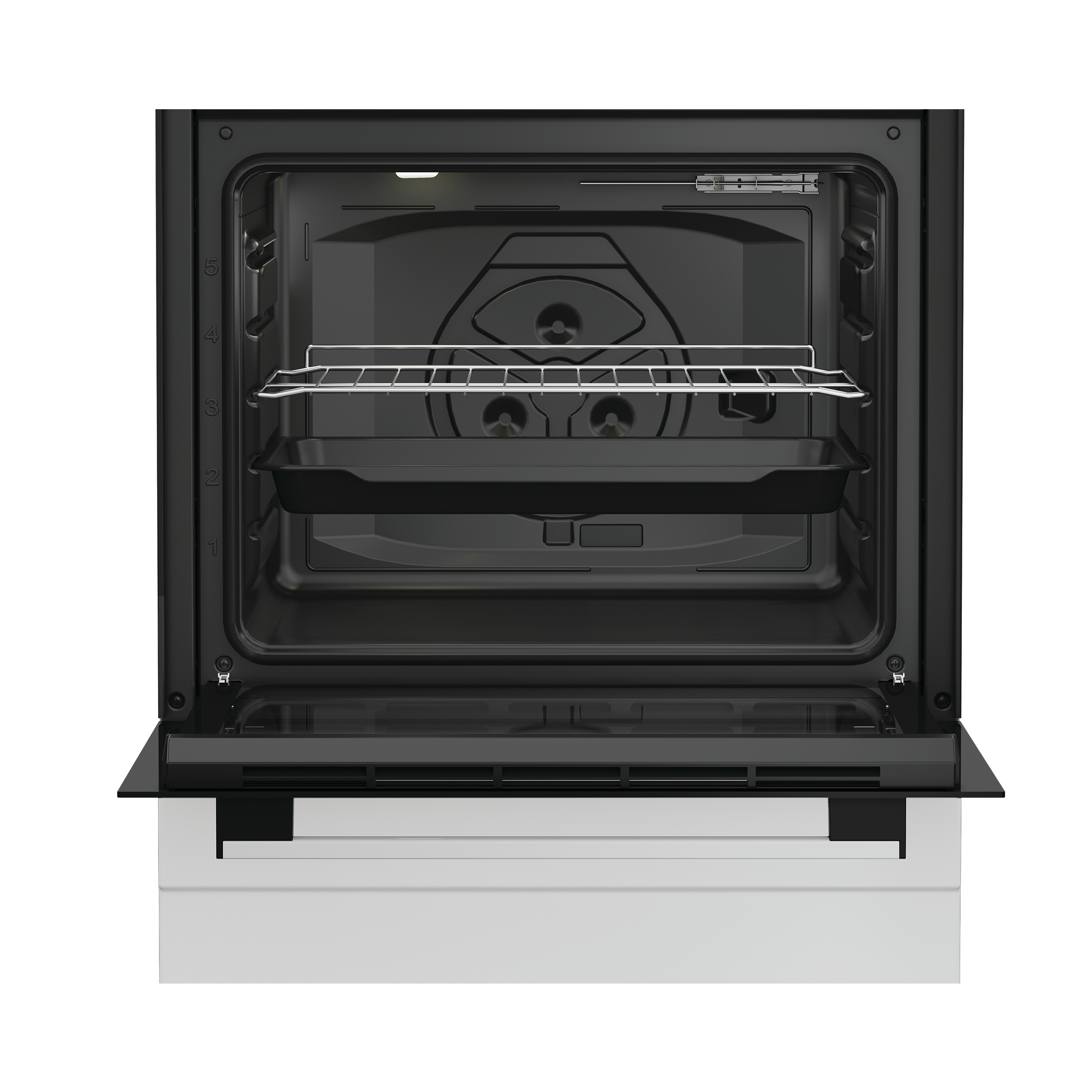 Un forno elettrico nero aperto con una griglia metallica e una teglia nera all'interno su sfondo bianco.