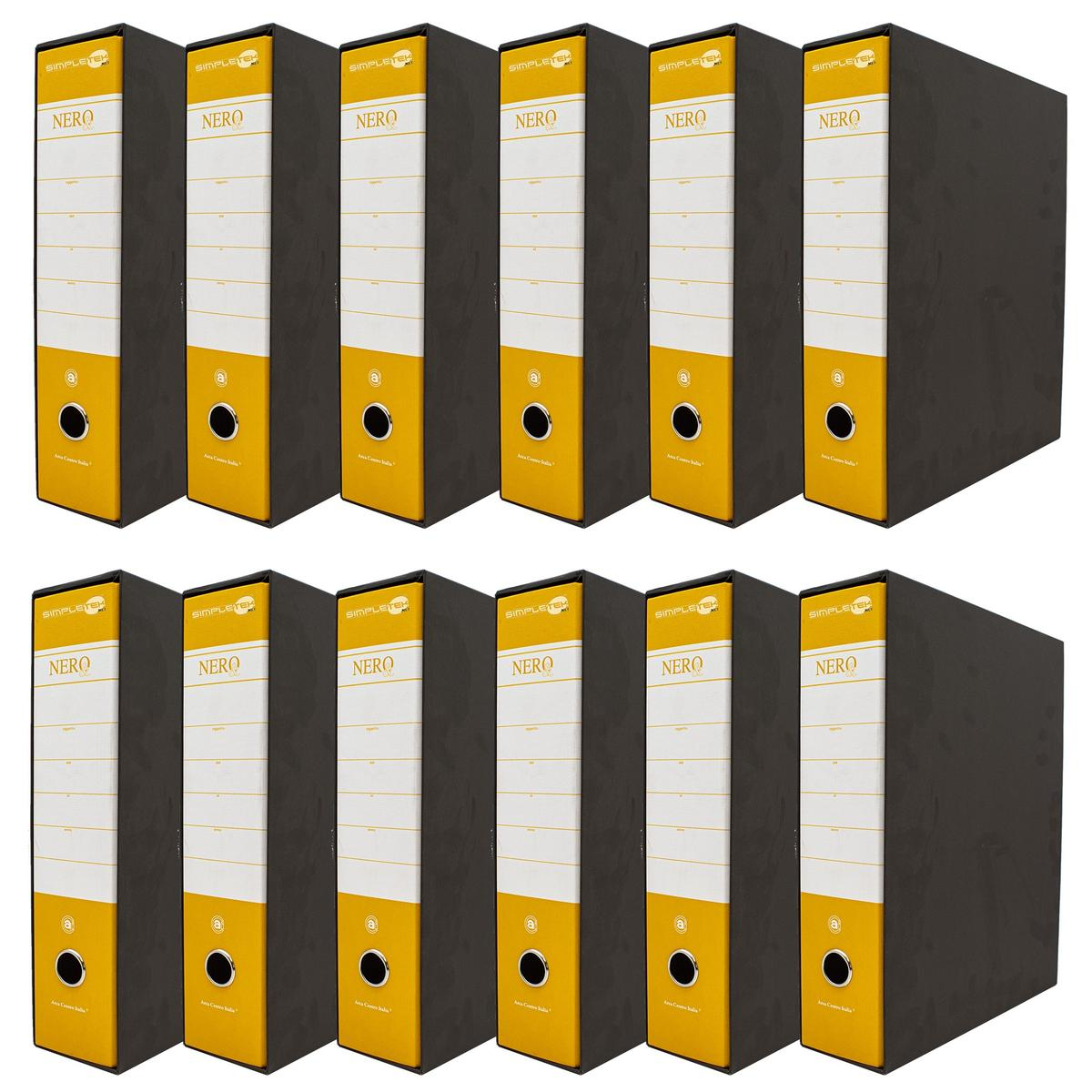 Dodici raccoglitori neri e gialli con etichette Simpletek e Nero sono allineati su due file.