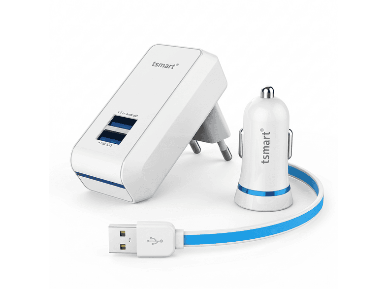 TSMART TS-E100 3'ü 1 Arada 2 USB Girişli Ev Şarj Adaptörü Araç Şarj Cihazı ve Şarj Kablolu Şarj Seti Beyaz