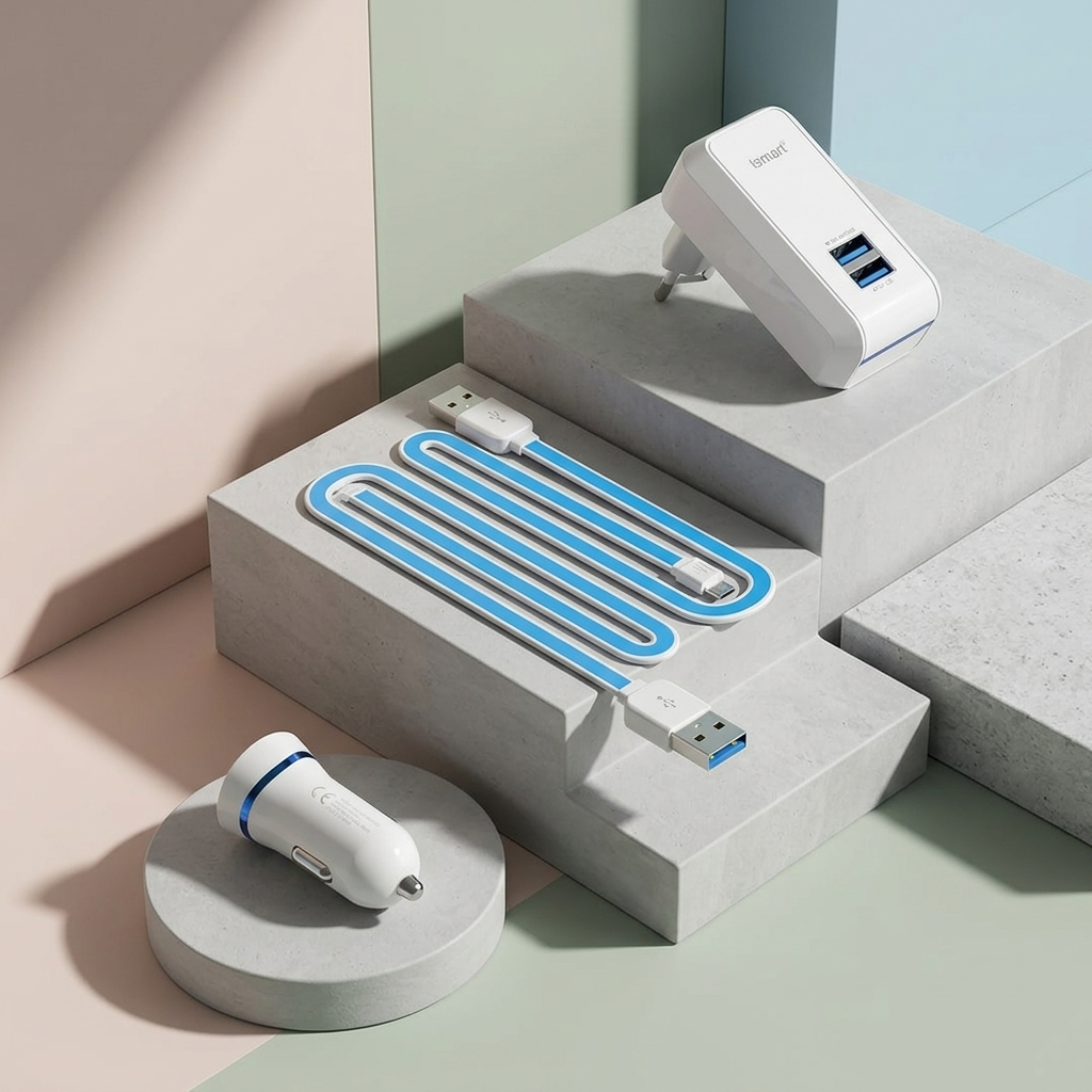 Pastel arka planda gri platformlar uzerinde beyaz sarj cihazlari ve mavi-beyaz USB kablosu.