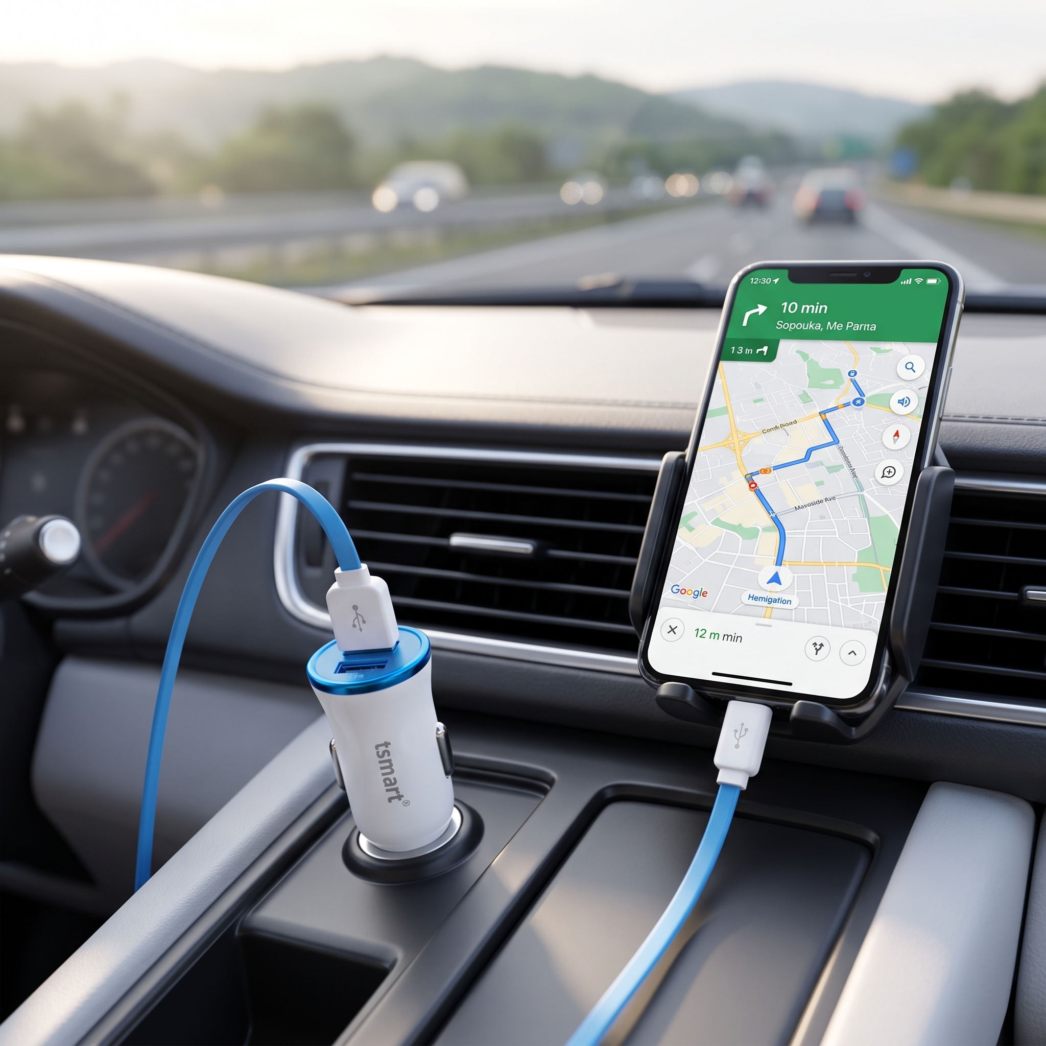Araba torpidosunda navigasyon uygulaması açık telefon ve USB araç şarjı.