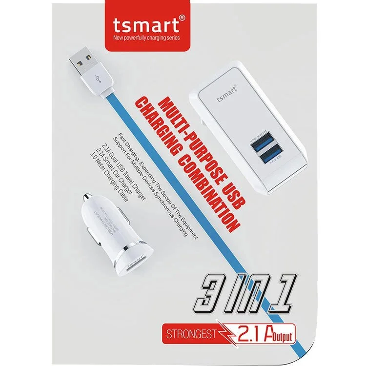 Duvar adaptörü, araç şarjı ve mavi kablo içeren Tsmart 3'ü 1 arada çok amaçlı USB şarj kombinasyonu ürün ambalajı.