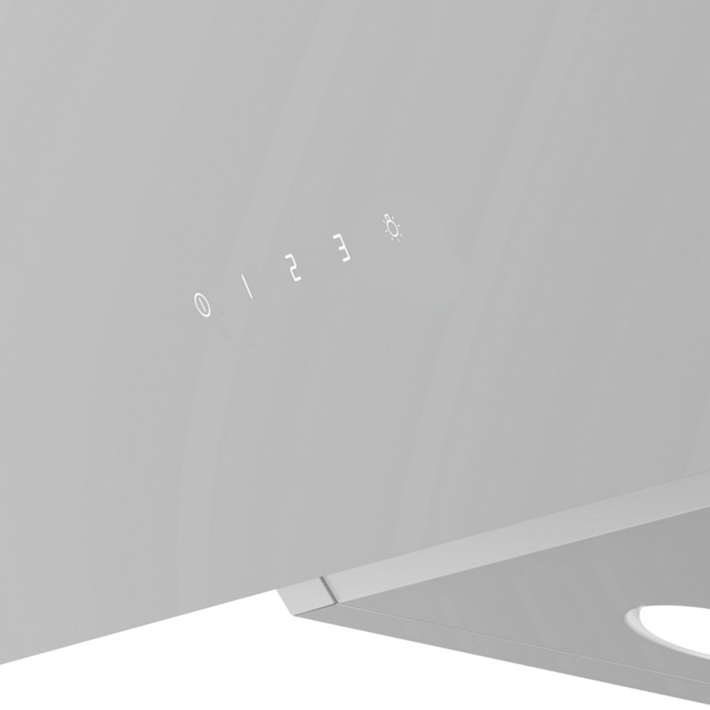 Illuminated touch control panel on a light gray cooker hood with numbers and icons.