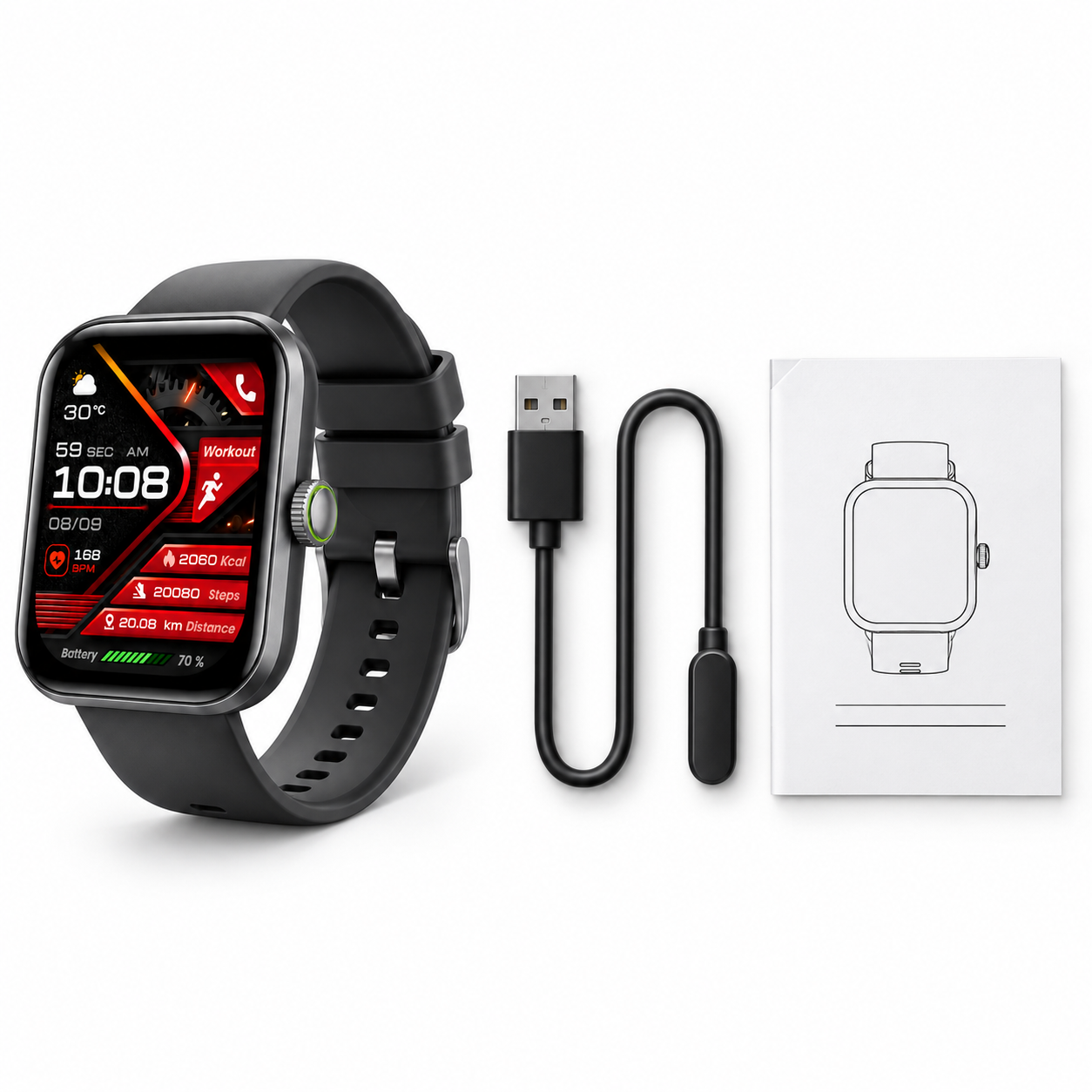 Beyaz arka planda fitness ekranlı siyah bir akıllı saat, USB şarj kablosu ve kılavuz.
