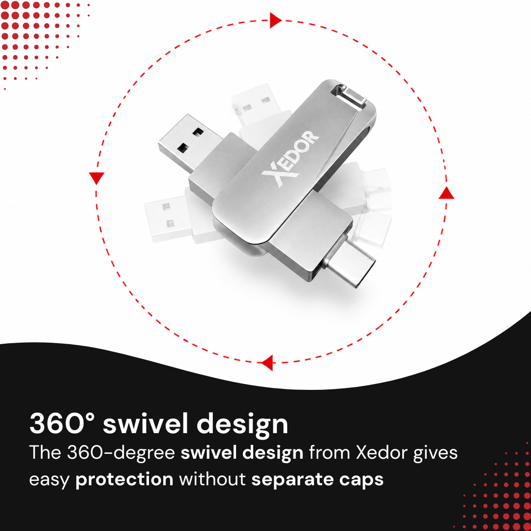 Srebrna pamięć USB Xedor z obrotową konstrukcją 360 stopni na białym i czarnym tle.