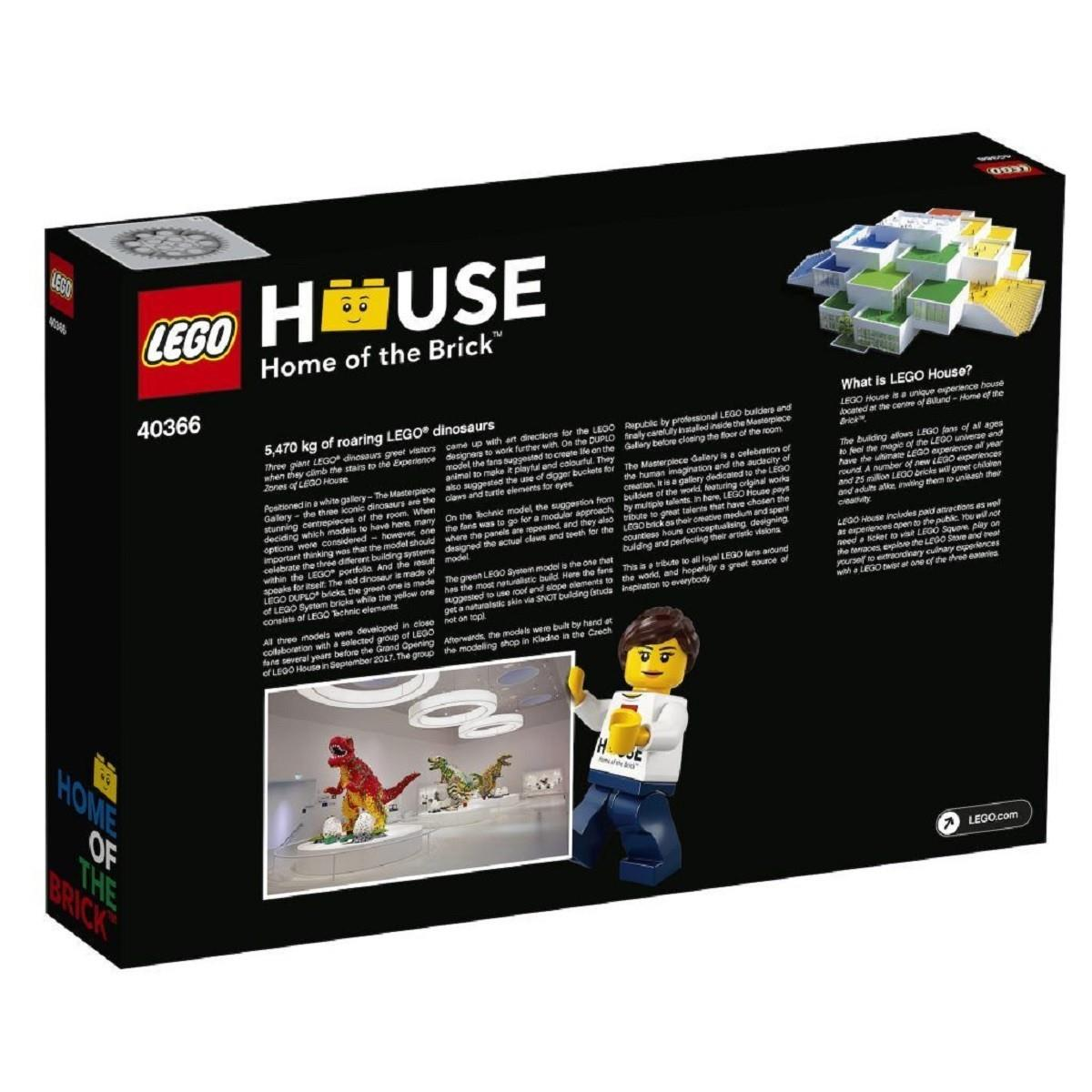 Metin, açıklamalar ve bir minifigür içeren LEGO House dinozor seti kutusunun arkası.
