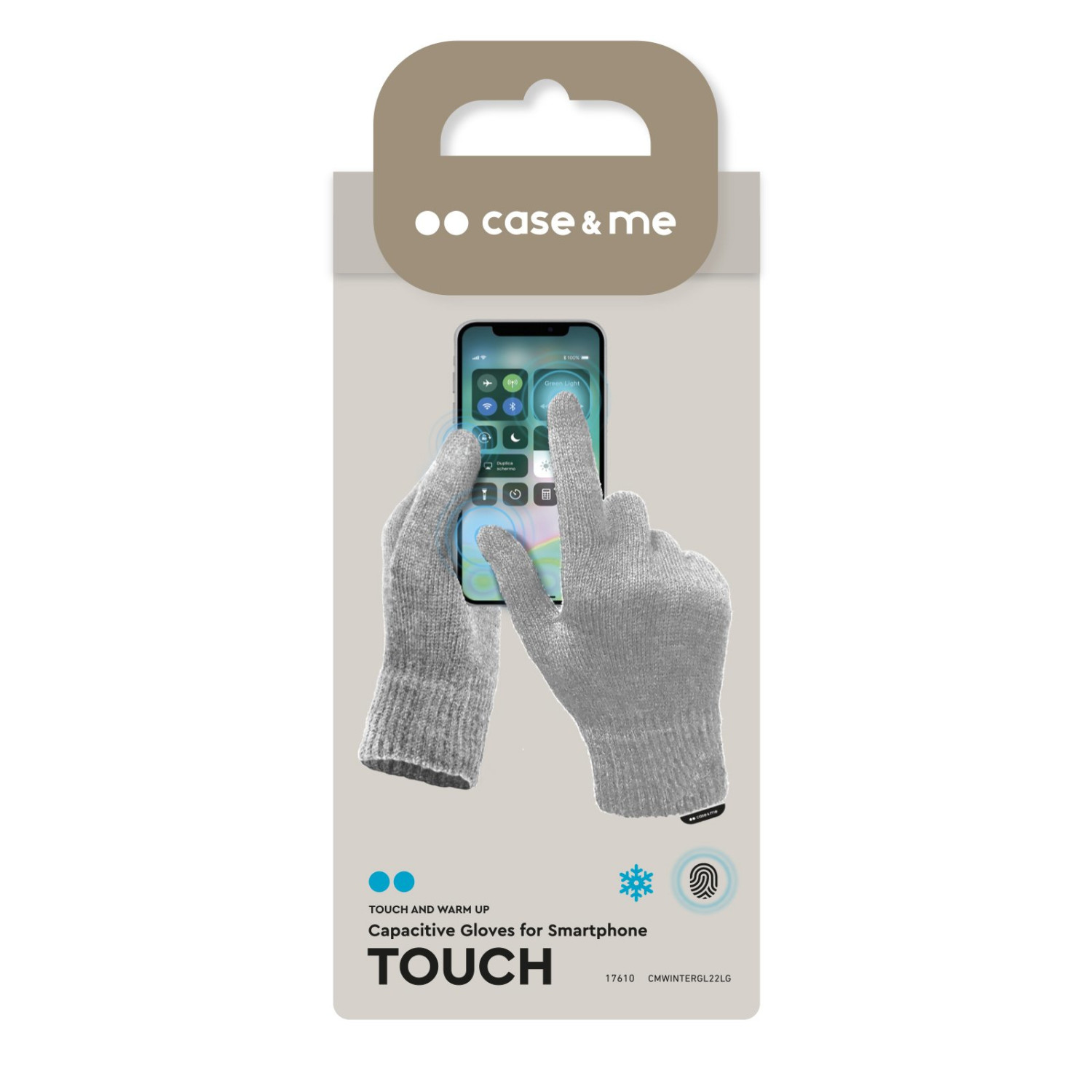 Envase de producto para guantes táctiles de smartphone con fondo gris y manos usando un teléfono móvil.