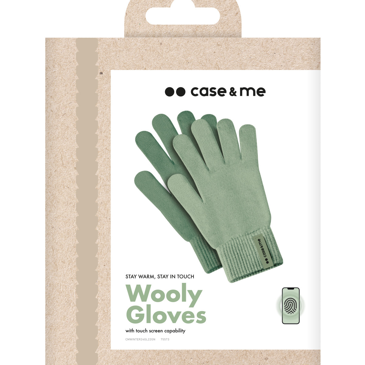 Guanti in maglia verdi compatibili con touchscreen in confezione di carta case & me.