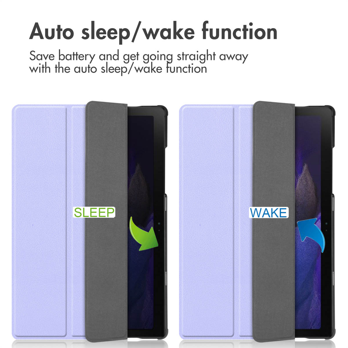 Tablet in a purple case showing the auto sleep and wake function.