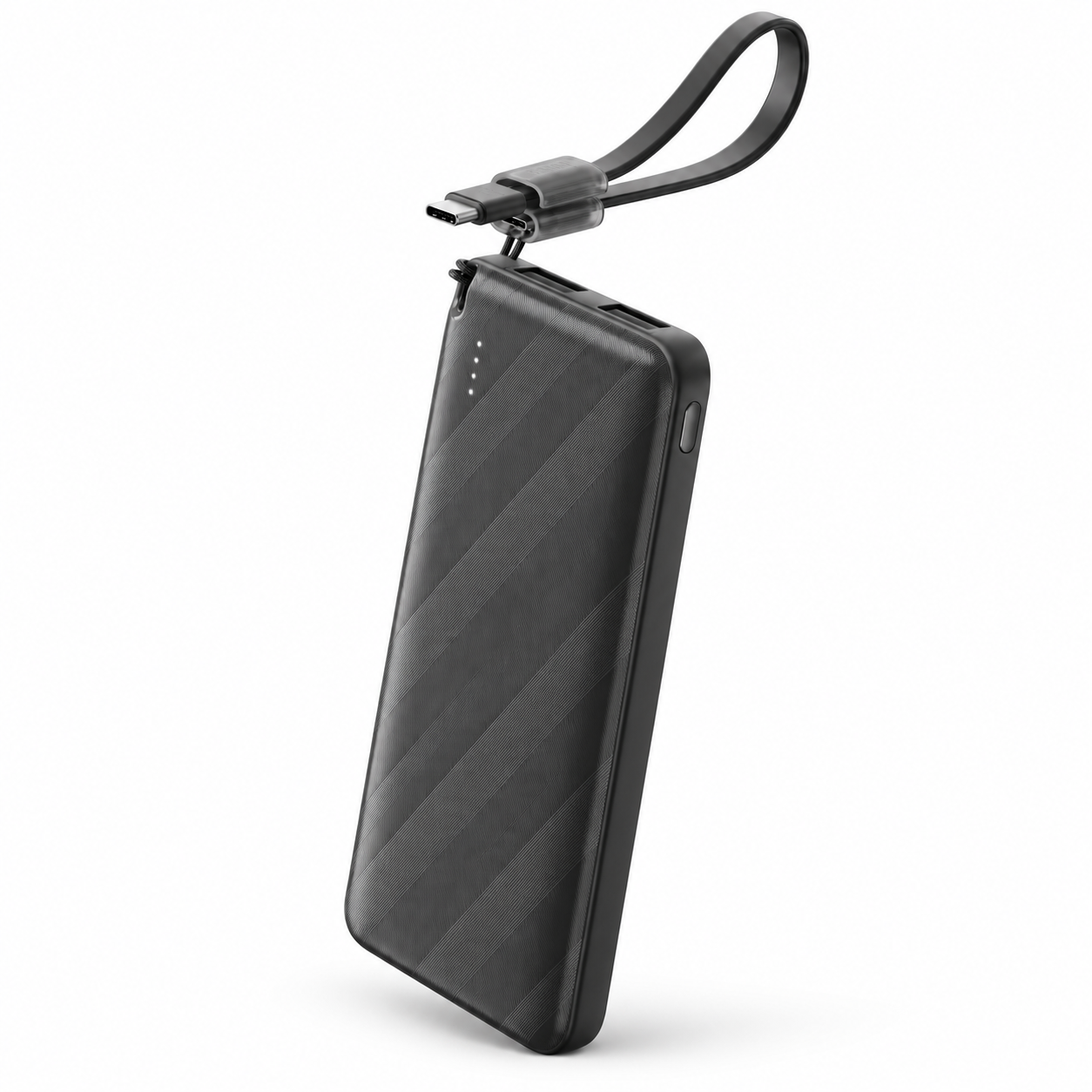 Çizgili dokulu, dört LED göstergeli ve entegre USB-C taşıma kayış ı kablolu siyah taşınabilir şarj cihazı.