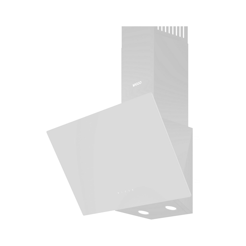 A white inclined cooker hood with the WIGGO logo and bottom LED lights.
