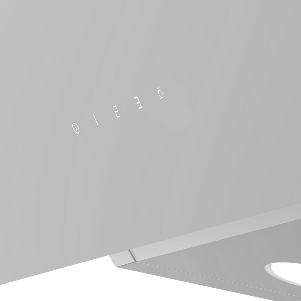 Close-up of a grey cooker hood with illuminated control buttons for power levels and light.