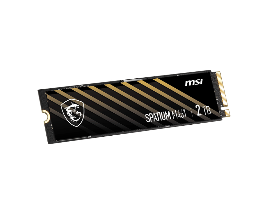 SSD NVMe M.2 MSI SPATIUM M461 2TB avec dissipateur noir et rayures dorées sur fond blanc.