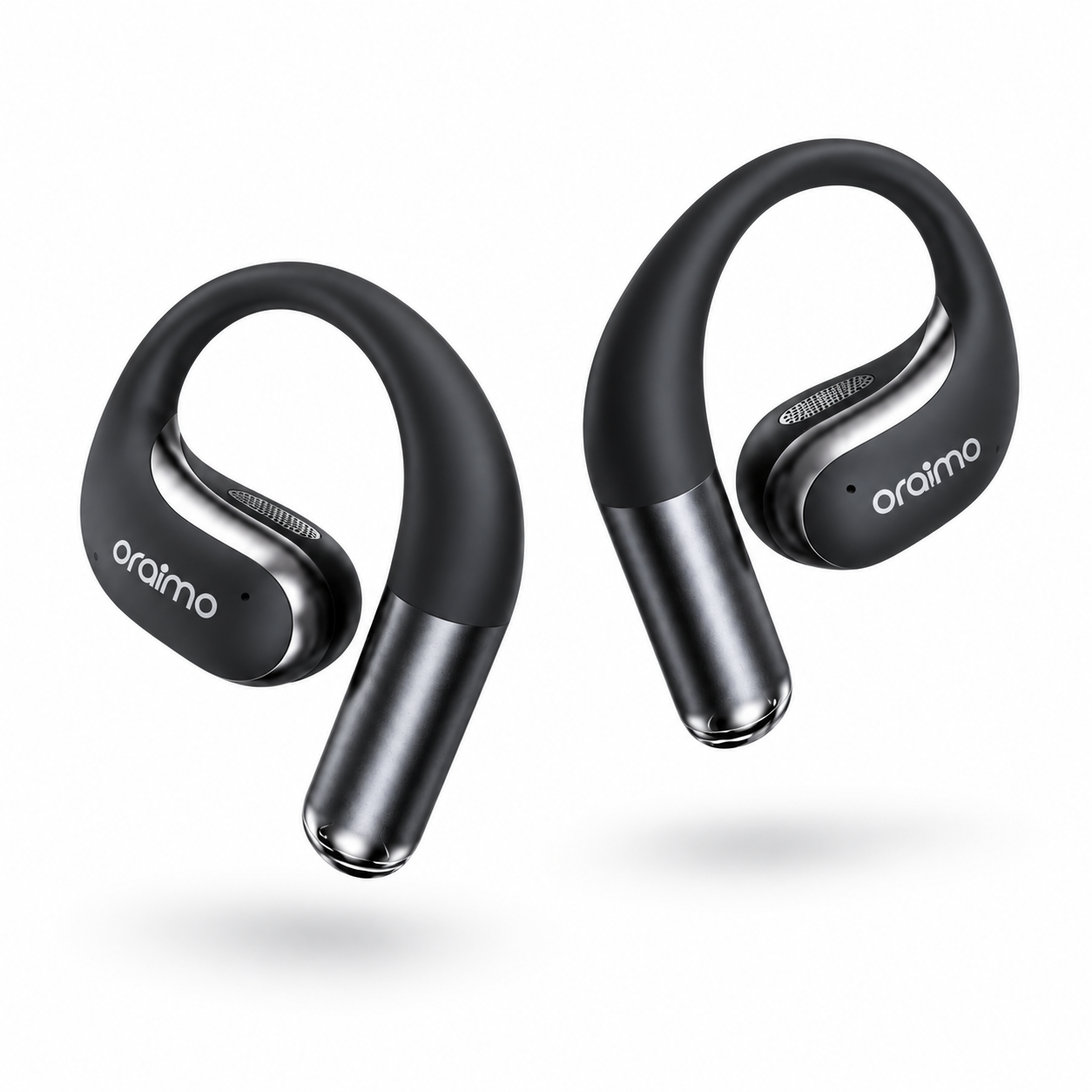 Beyaz arka planda gümüş detaylı iki siyah Oraimo kablosuz kulaklık.