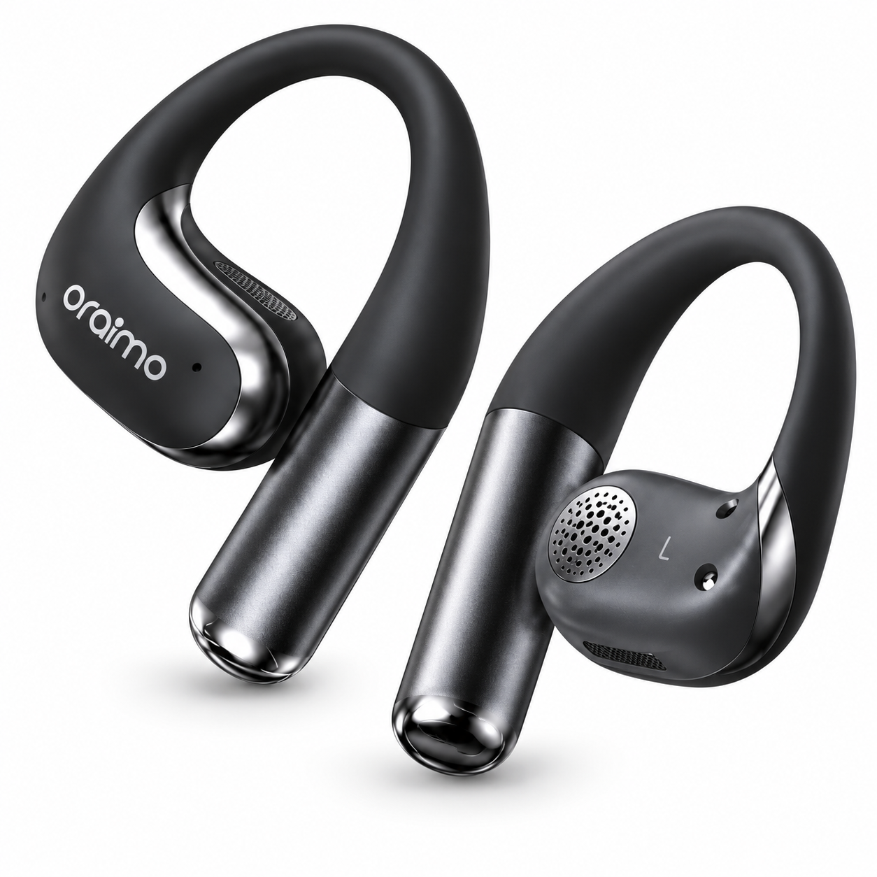 Beyaz arka planda kulak kancalı ve gümüş detaylı iki siyah Oraimo kulaklık.
