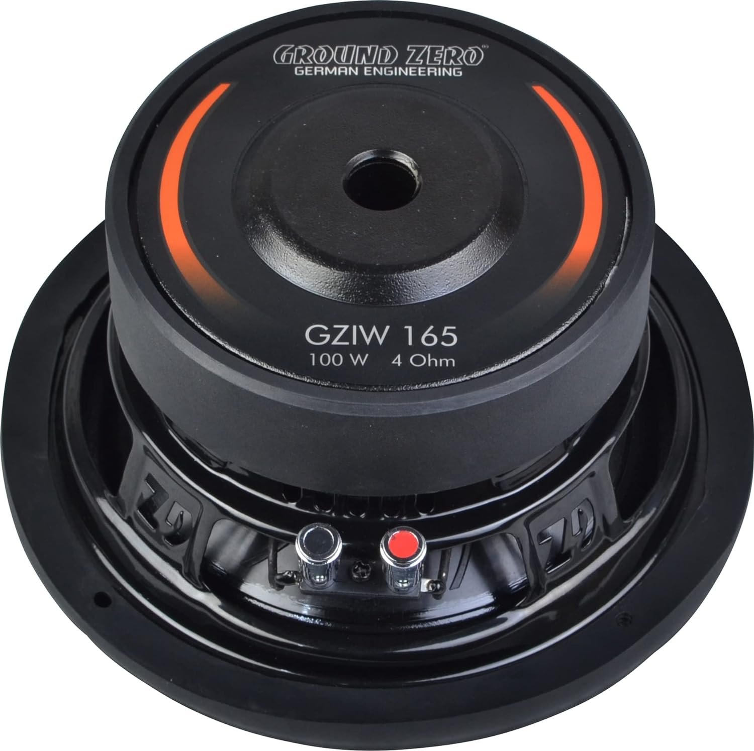 Schwarzer Ground Zero GZIW 165 Subwoofer mit rotem Akzent, 100W und 4 Ohm auf weißem Hintergrund.